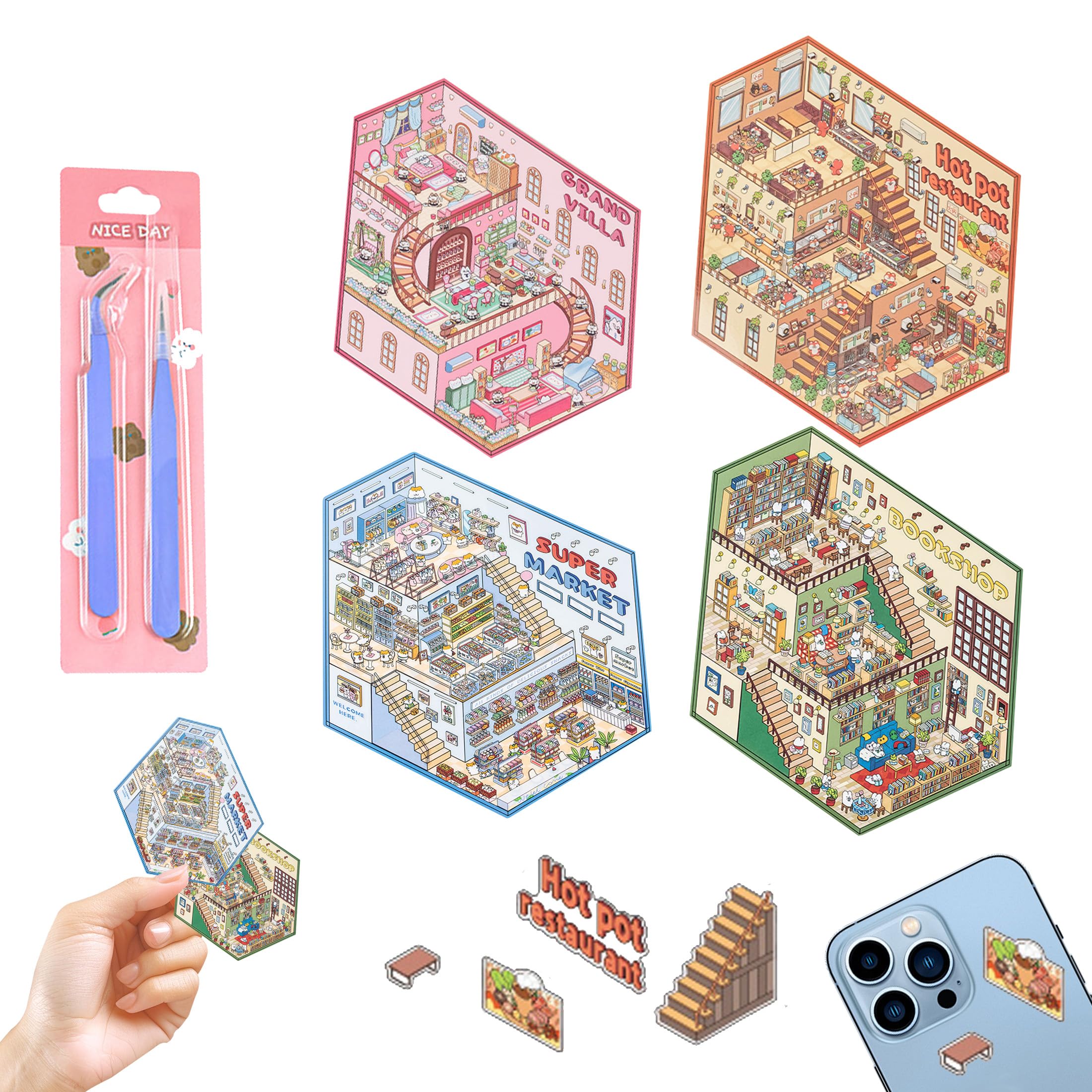 Large 3D Sticker Scene Sticker Therapy for Adults Kids Teens 4 Sets DIY 3D Room Miniature Scene Stickers - City Life Scenes