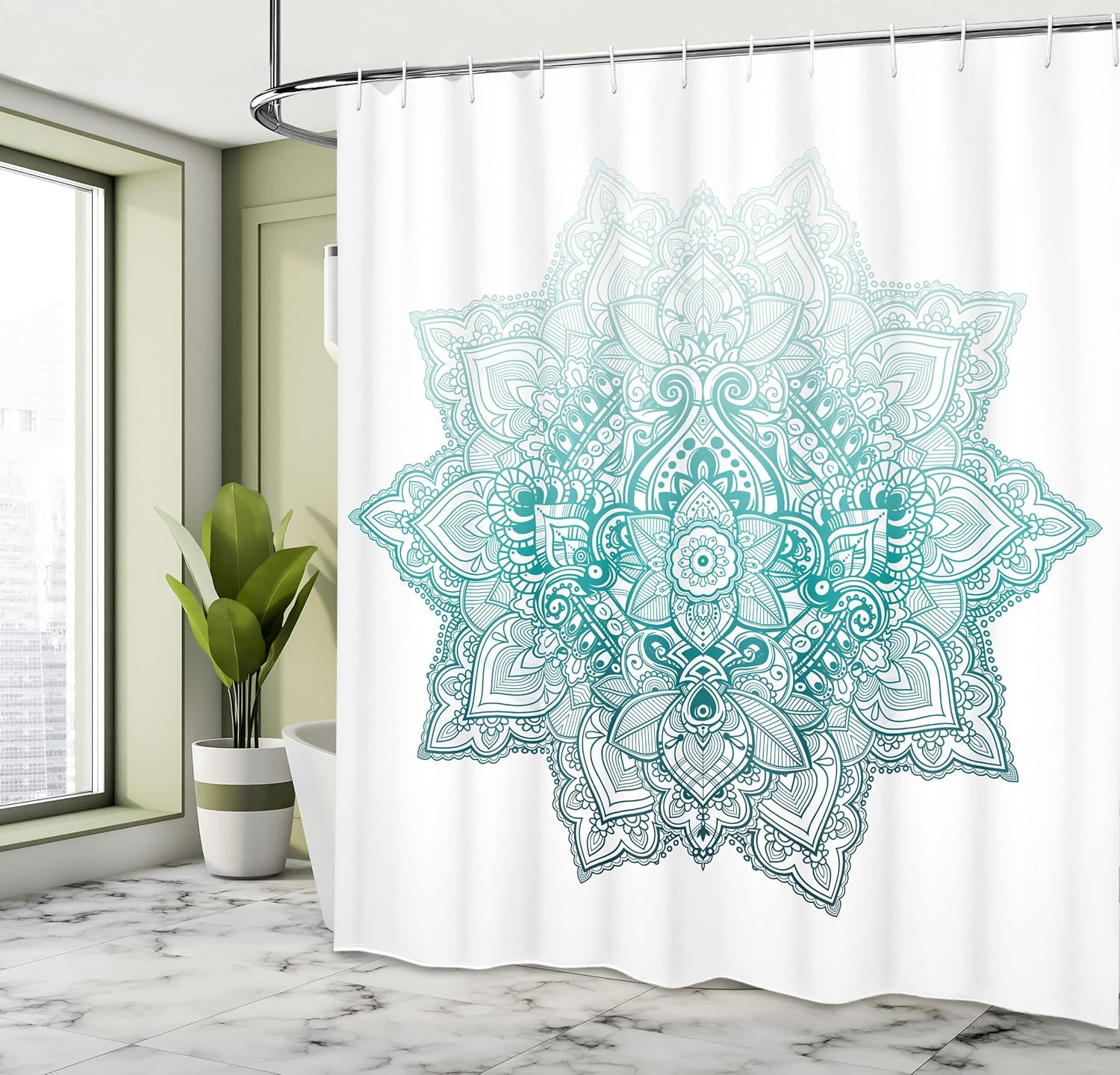 Ambesonne Lotus Shower Curtain, Bohemian Tattoo Style Oriental Pattern of Mandala Abstract Lotus Flower Design, Cloth Fabric Bathroom Decor Set with Hooks, 69" W x 70" L, Dark Seafoam