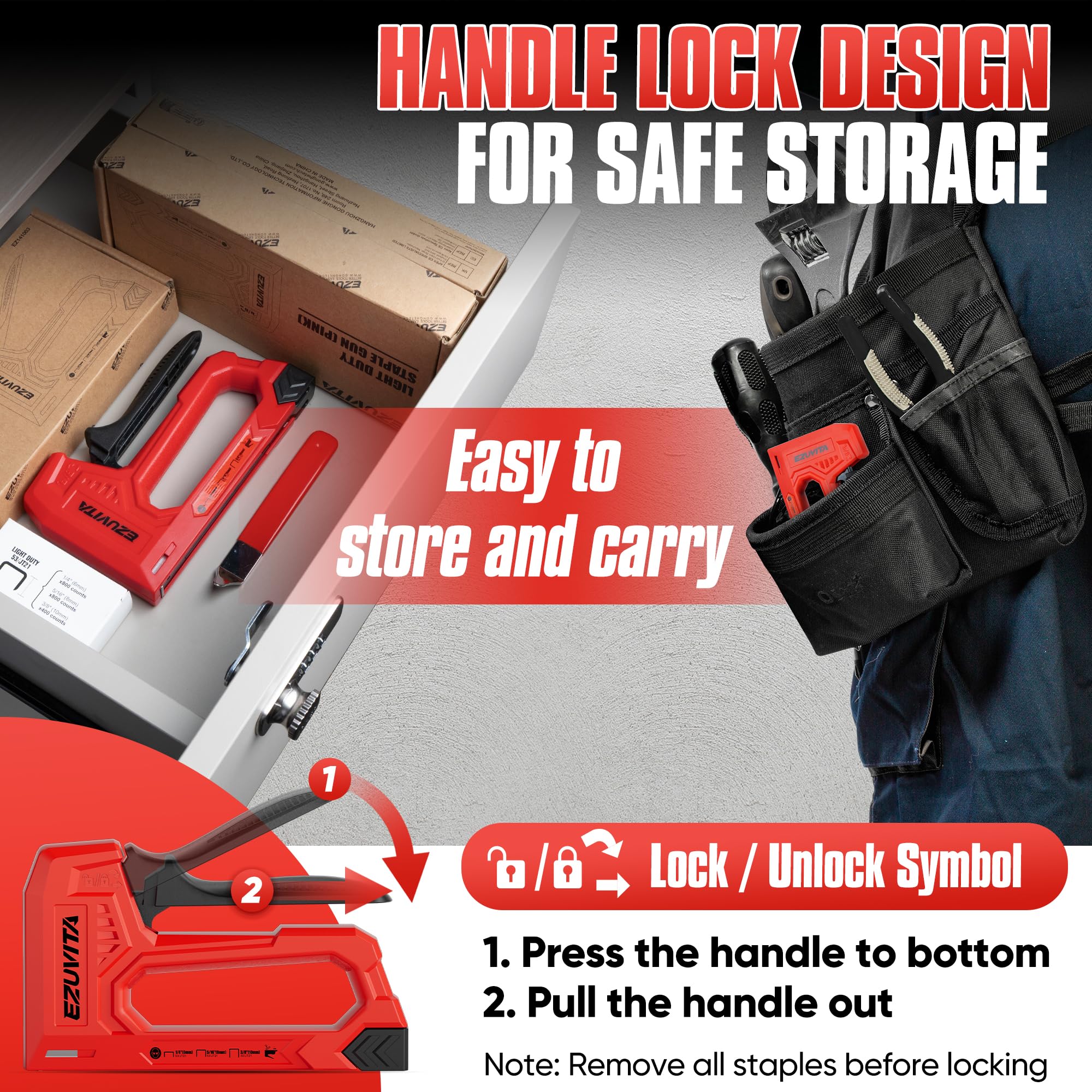 EZUVITA Light Duty Staple Gun for Wood, Red Upholstery Staple Gun Kit with 2000pcs JT21 Staples 6mm, 8mm - Image 4