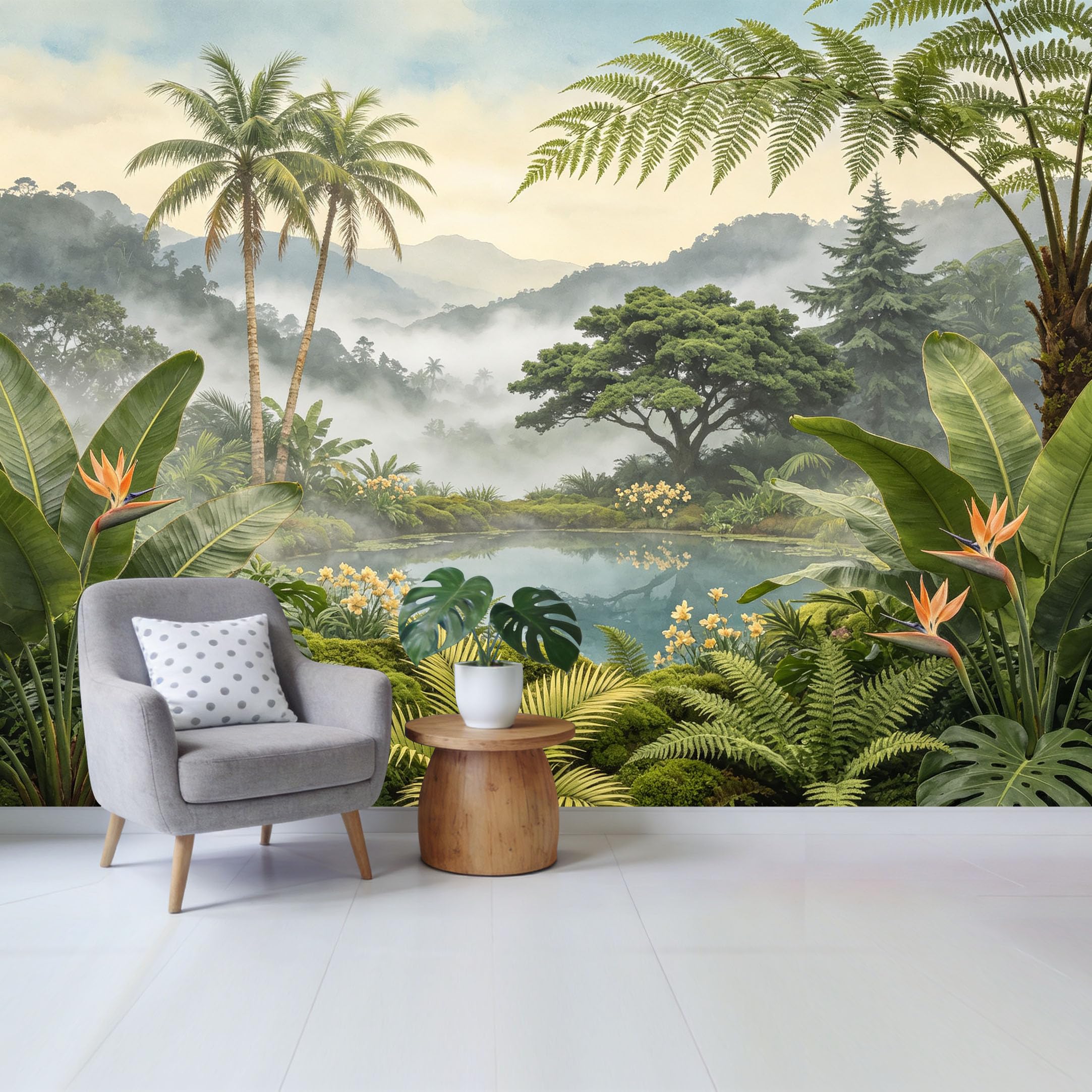 Custom Size Wall Mural， Tropical Jungle Misty Mountain Lake Palm Fern Botanical Removable Self Adhesive Fabric，Home Wall Decor for Living Room Bedroom Bathroom