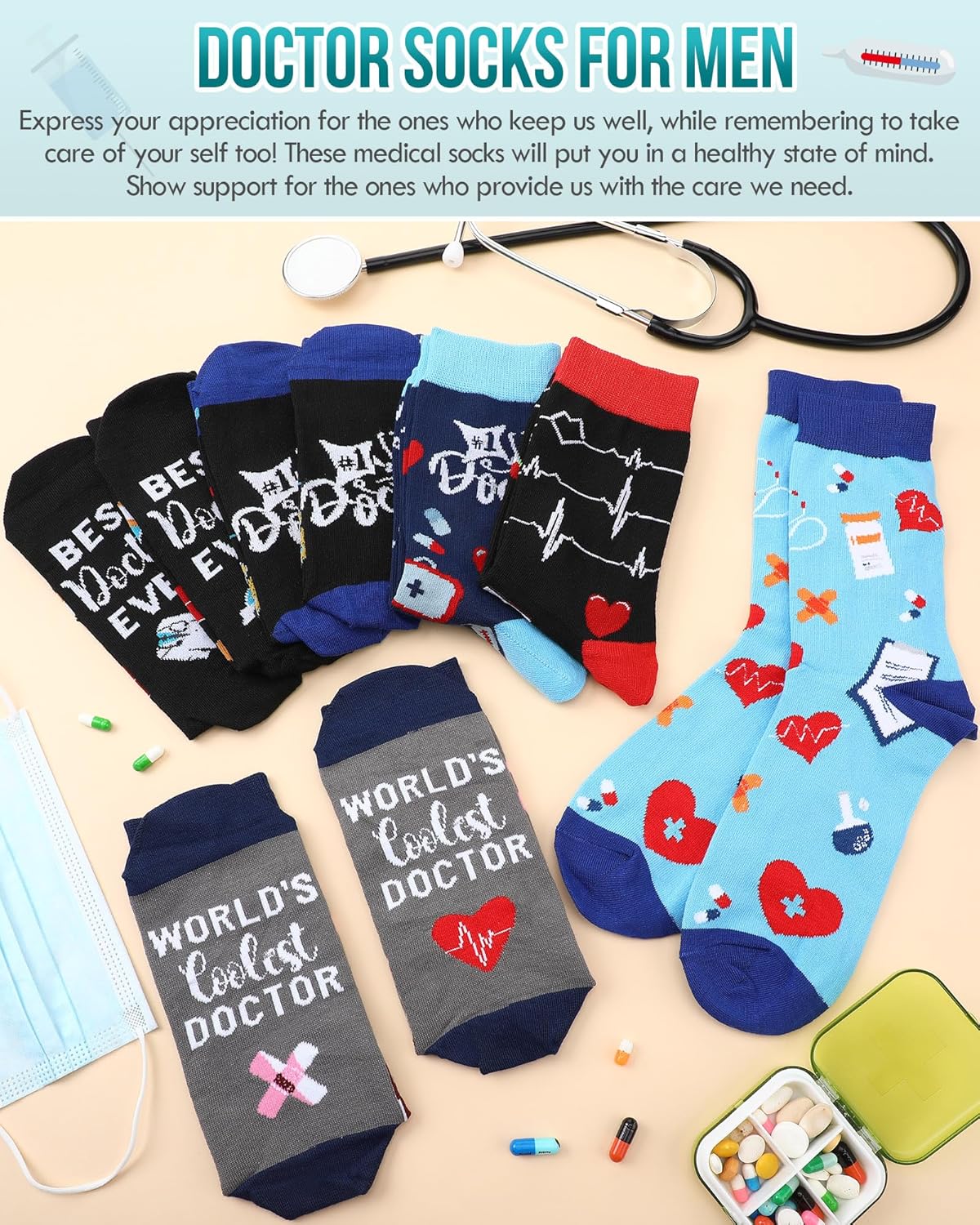 Hercicy 6 Pairs Men's Doctor Socks Male Novelty Medical Pharmacist Nurse Socks National Doctor's Day Nurse Week Appreciation Gifts Hospital Workers Assistants Nursing Graduation Party - Image 6
