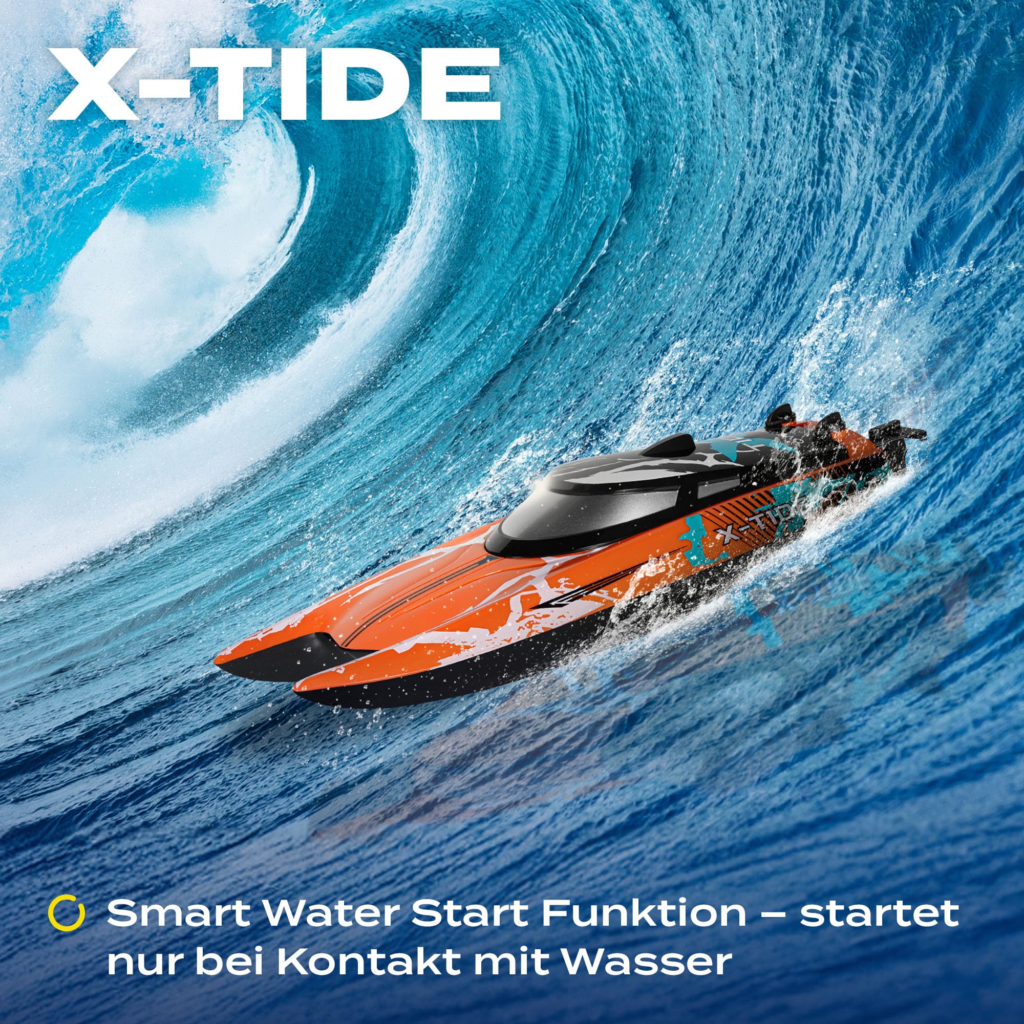 Overmax X-Tide Ferngesteuertes RC-Speedboat Rennboot mit LED 25 km/h 1200 | mAh Akkus 34 Minuten Spaß Geschwindigkeitsregulierung Reichweite bis zu 100 m, Schwimmbad- und Seespielzeug