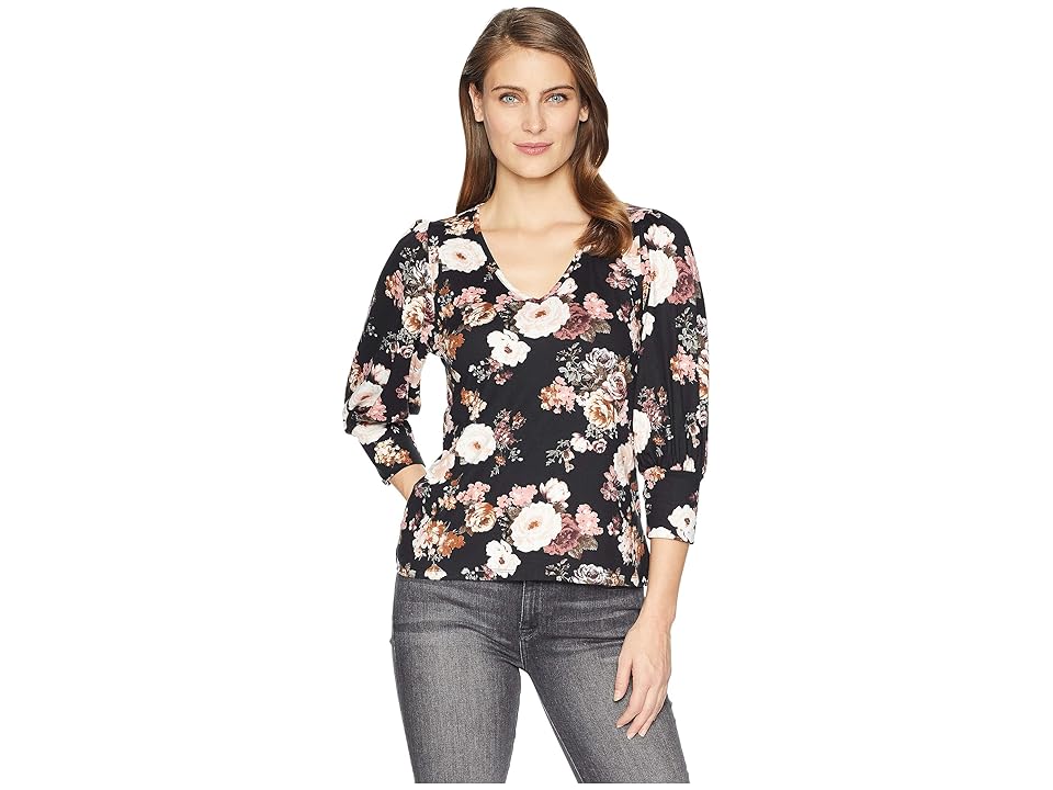 

Bobeau 3/4 Puff Sleeve V Front (Black Floral) Women's Clothing, Multi