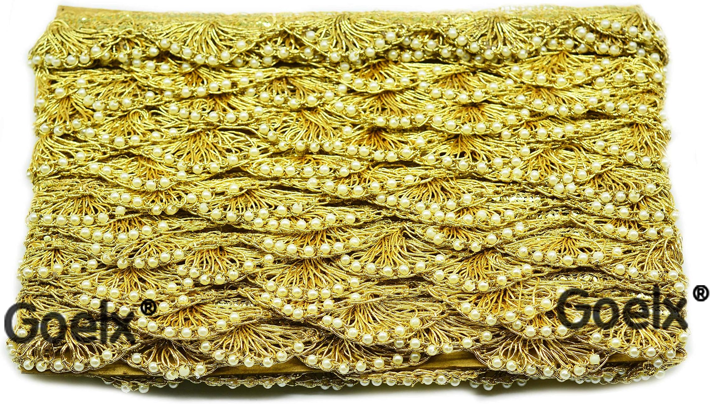 GOELX Pankh Border Original Handmade Moti Pearl Bead Embellished Lace for Dresses, Sarees, Suits, Blouses, Dupattas, Bags, Bed Covers, Art & Craft in Olive Gold Colors Pack of 9 Mtrs/ 9.5 Yard