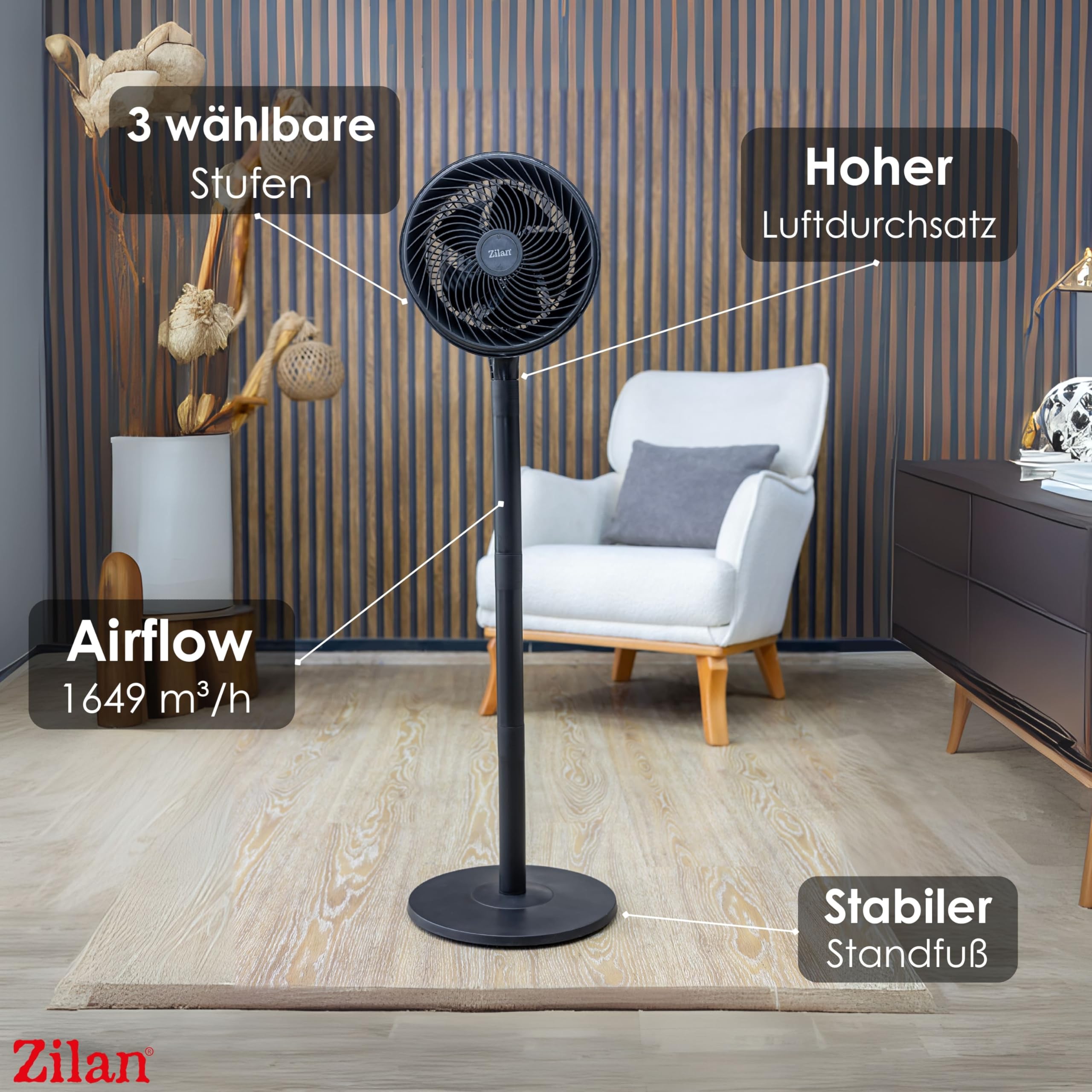 Zilan Standventilator 65 Watt kraftvoller Ventilator sehr leise energiesparend 3 Stufen hoher Luftdurchsatz 90° oszillierend höhenverstellbar Bodenventilator mobiler Luftkühler Standlüfter Tower Fan