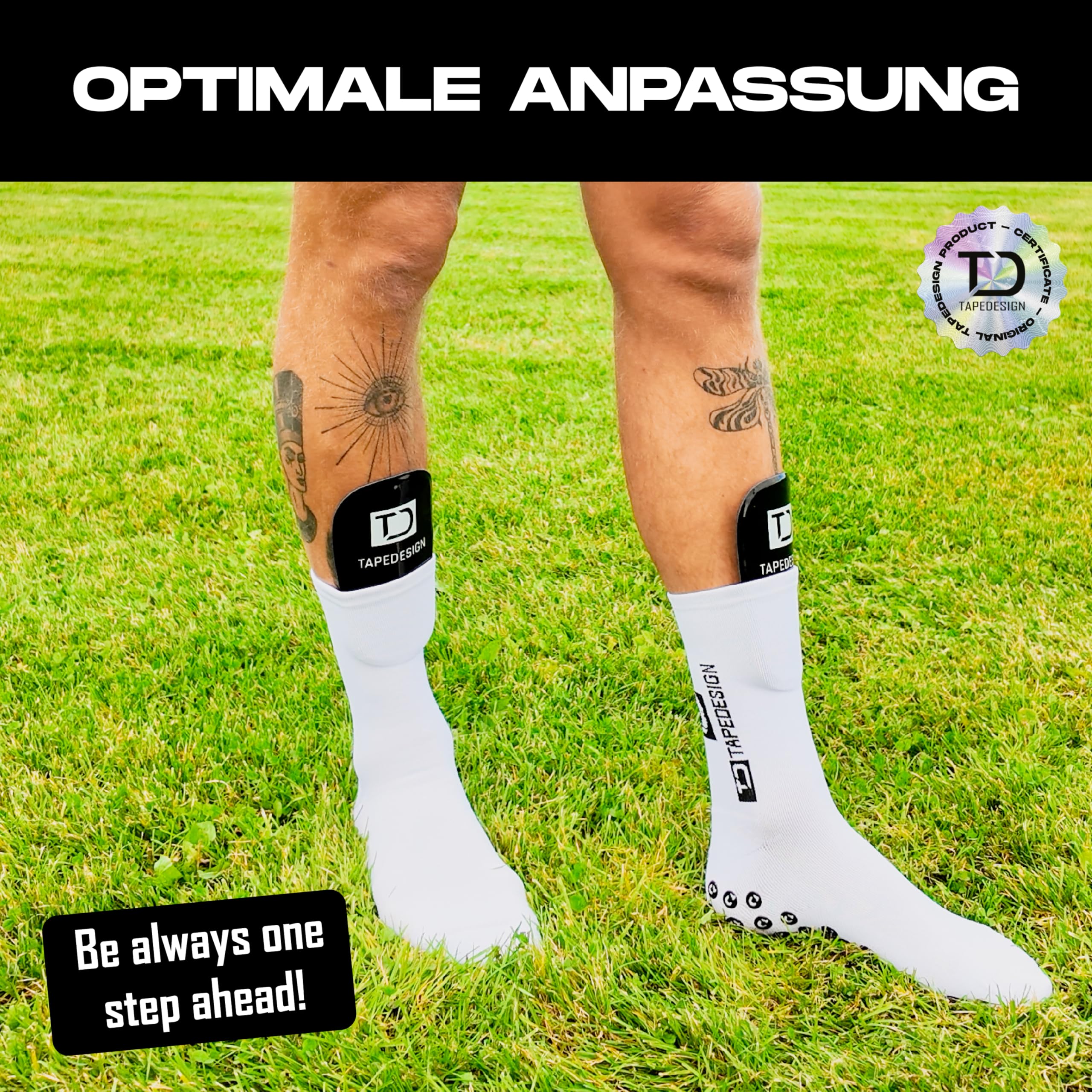 TAPEDESIGN – Ochraniacze piszczeli piłkarskie męskie czarne – ultralekkie, elastyczne i antypoślizgowe – indywidualnie dopasowane ochraniacze na golenie – mini ochraniacze piszczeli, dzieci i