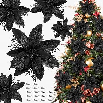 16 PCS Poinsettia Flower Artificial Poinsettia Christmas Decorations Glitter Poinsettias Christmas Ornaments Christmas Tree Flower Decorations with Clips DIY Xmas Wreath Holiday Home Party Supplies