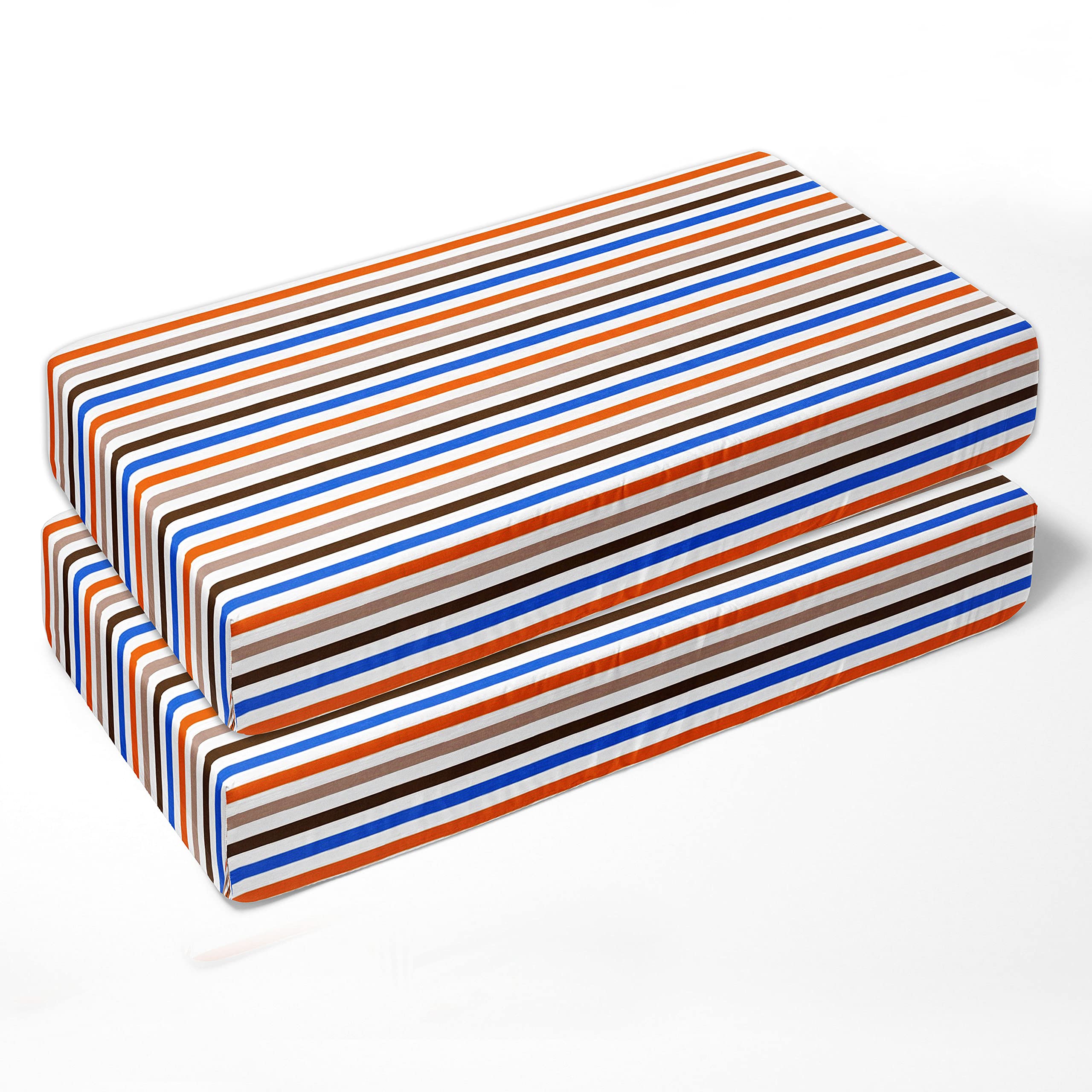 bacati sábanas ajustables para cuna, mod rayas azul/naranja/chocolate (Pack de 2)