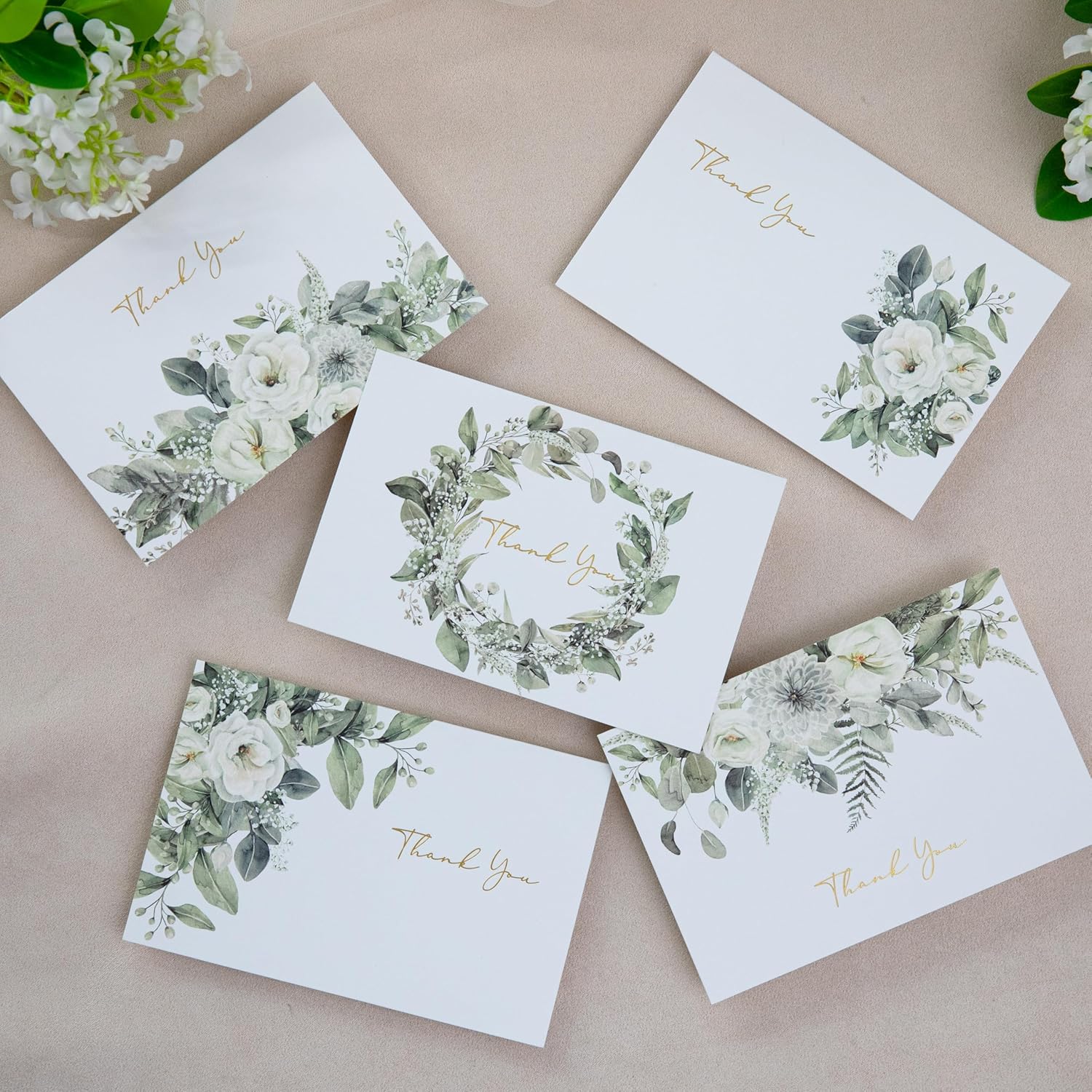 ponatia 50 PACK Olive Green Thank You Cards With Envelopes- Gold Foil & Floral Printing 4x6 Greeting Card With Envelopes & Stickers for Wedding, Bridal Showers, Baby Showers, Birthday, All Occasion