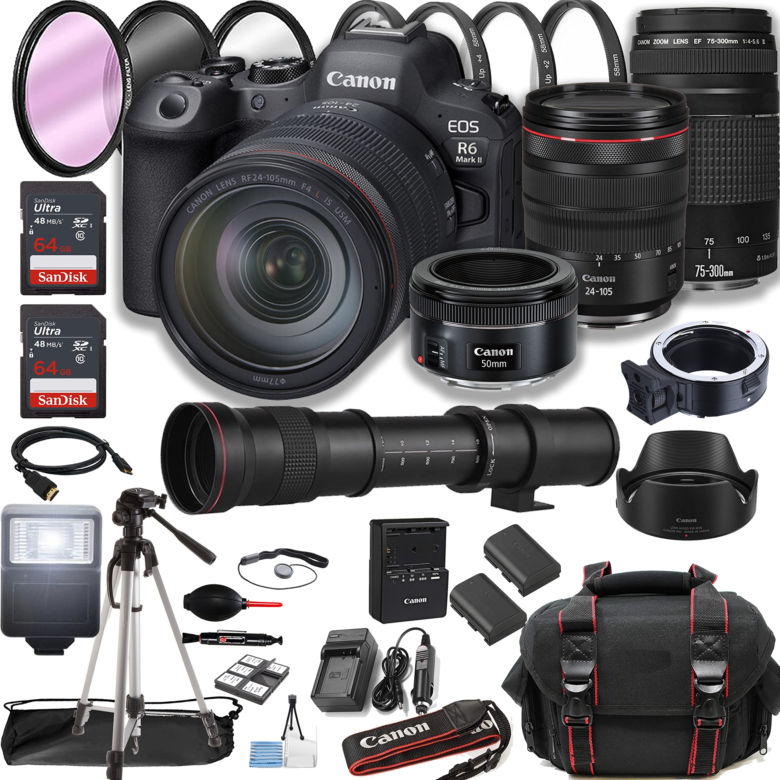 Canon EOS R6 Mark II Mirrorless Digital Camera with RF 24-105mm USM Lens + 75-300mm Lens + 50mm STM Lens +420-800mm Super Telephoto Lens + 128GB Memory + Case + Tripod + Filters (45pc Bundle)