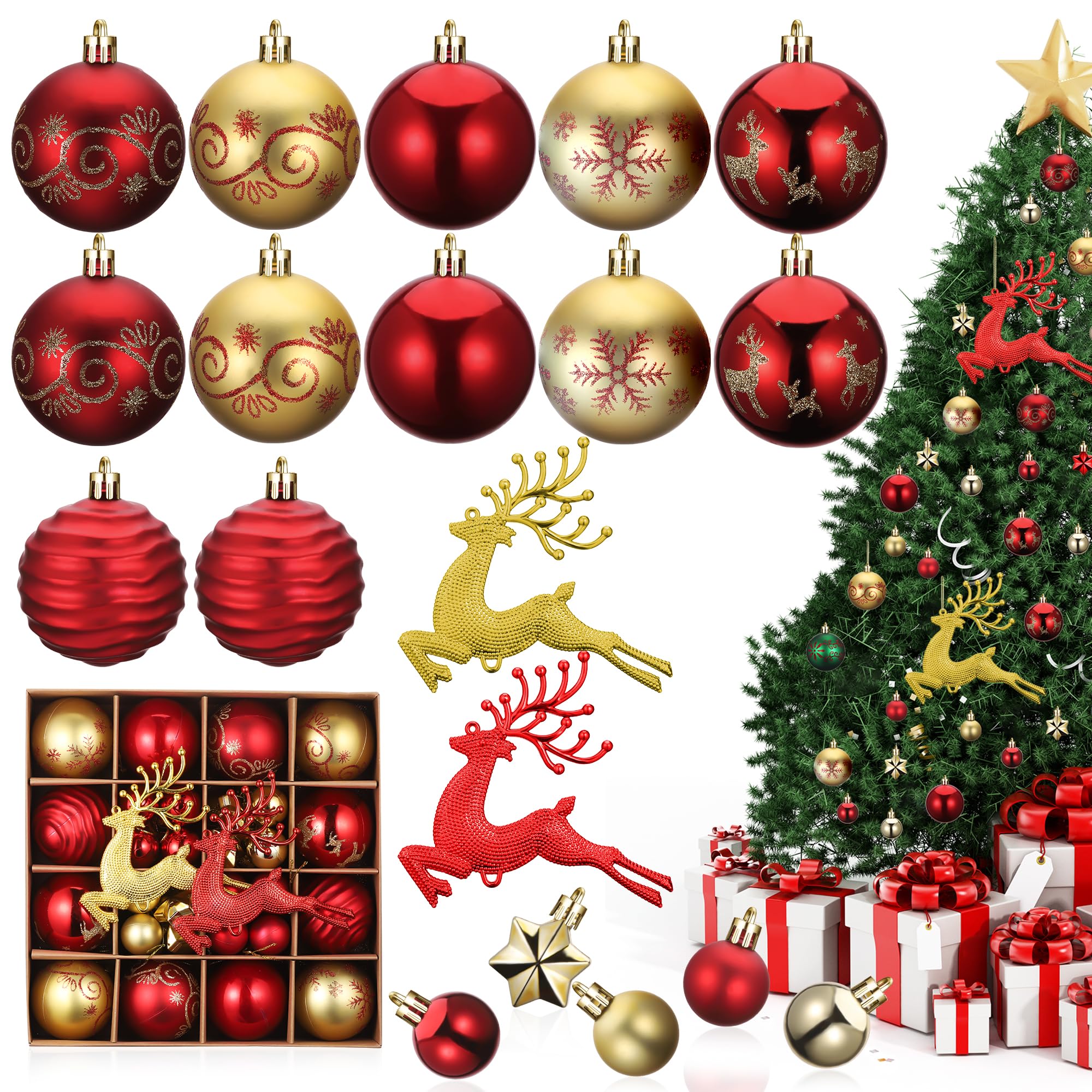 46pc Bolas de Navidad, con Hilo Colgante Adornos Navidad, Antifragmentación Bolas Arbol de Navidad Grande/Mini, Dos Alces Set Decoracion Arbol Navidad, Lindo Bolas Navidad Crear Ambiente Festivo