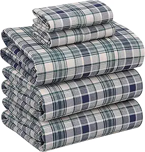 RUVANTI 100% Cotton Split King Sheets Sets for Adjustable Bed, 5 PCs, Soft & Breathable Percale Weave Bedding, Deep Pocket 16", Hotel Standard, Crisp Cool Feel & Durable Sheet, Greenish Blue Plaid
