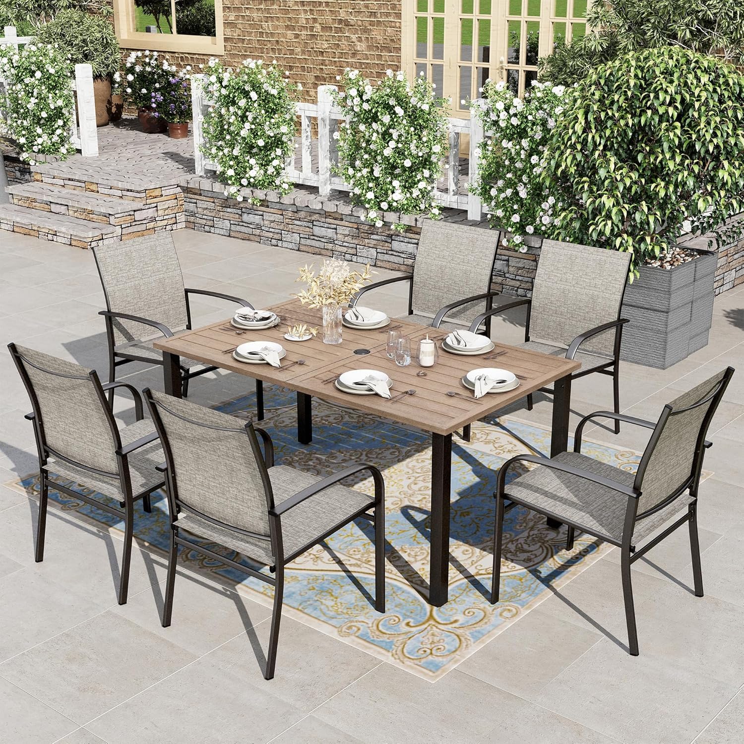 HERA'S HOUSE Patio Table and Chairs Set 7 Pieces, Wood-Like Outdoor Metal Dining Furniture Sets for Backyard Lawn Deck