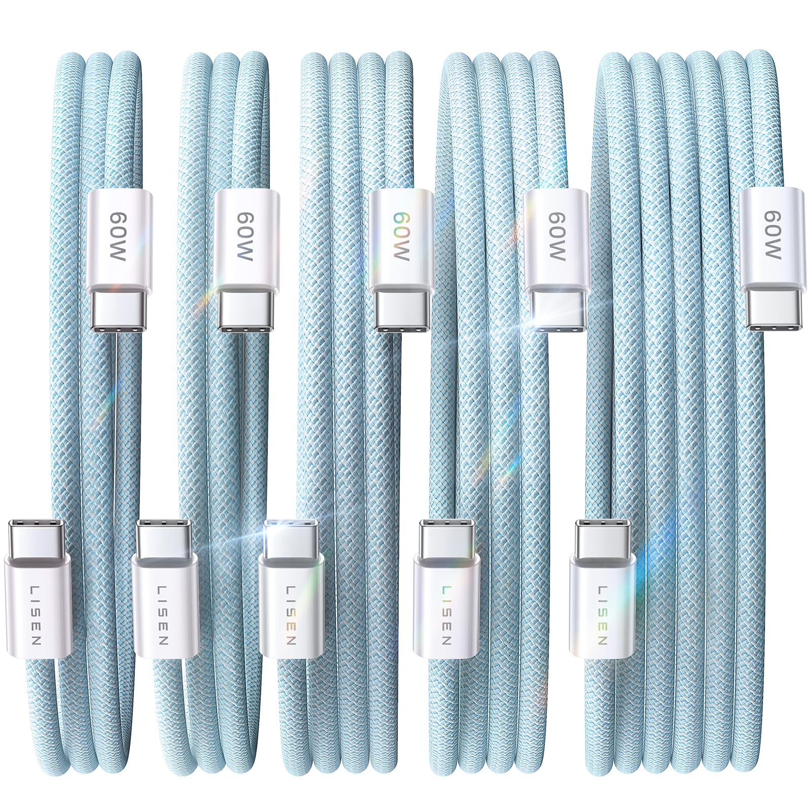 LISEN USB C Cable, 5-Pack [3.3/3.3/6.6/6.6/10FT] Blue for iPhone 17 Charger Cord, 60W C to C Cable Fast Charging for iPad, iPhone 17 Air 16 15 Pro Max, Samsung Z Flip 7/S25/S24 3.3+3.3+6.6+6.6+10FT Blue 5