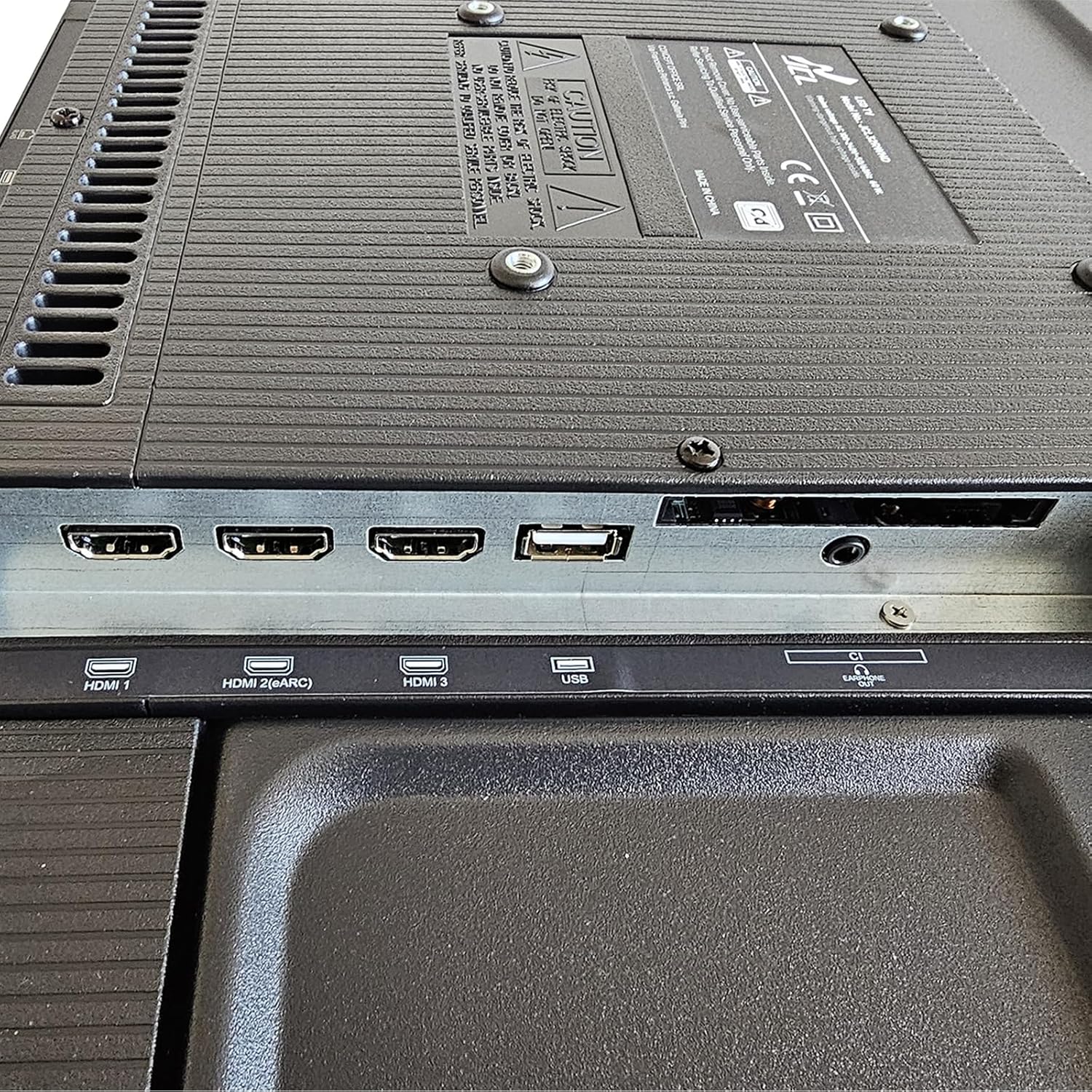 Close-up of HDMI and USB ports on the back of the JCL JCL32RWHD TV
