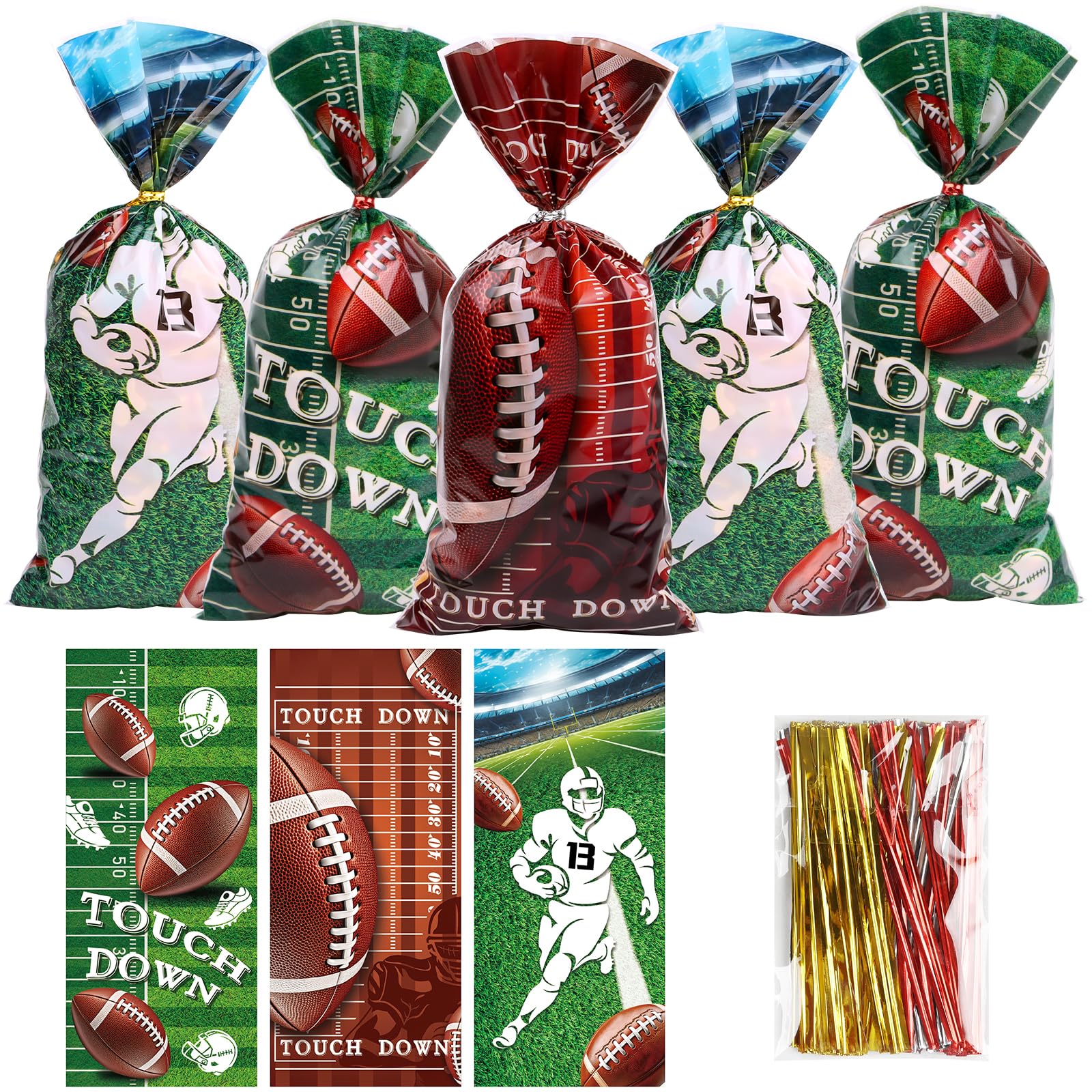 DIYASY 150 Pcs Football Cellophane Treat Bags, Football Gift Candy Bag Plastic Goodie Snack Bags with Ties Sports Theme Party favors Supplies