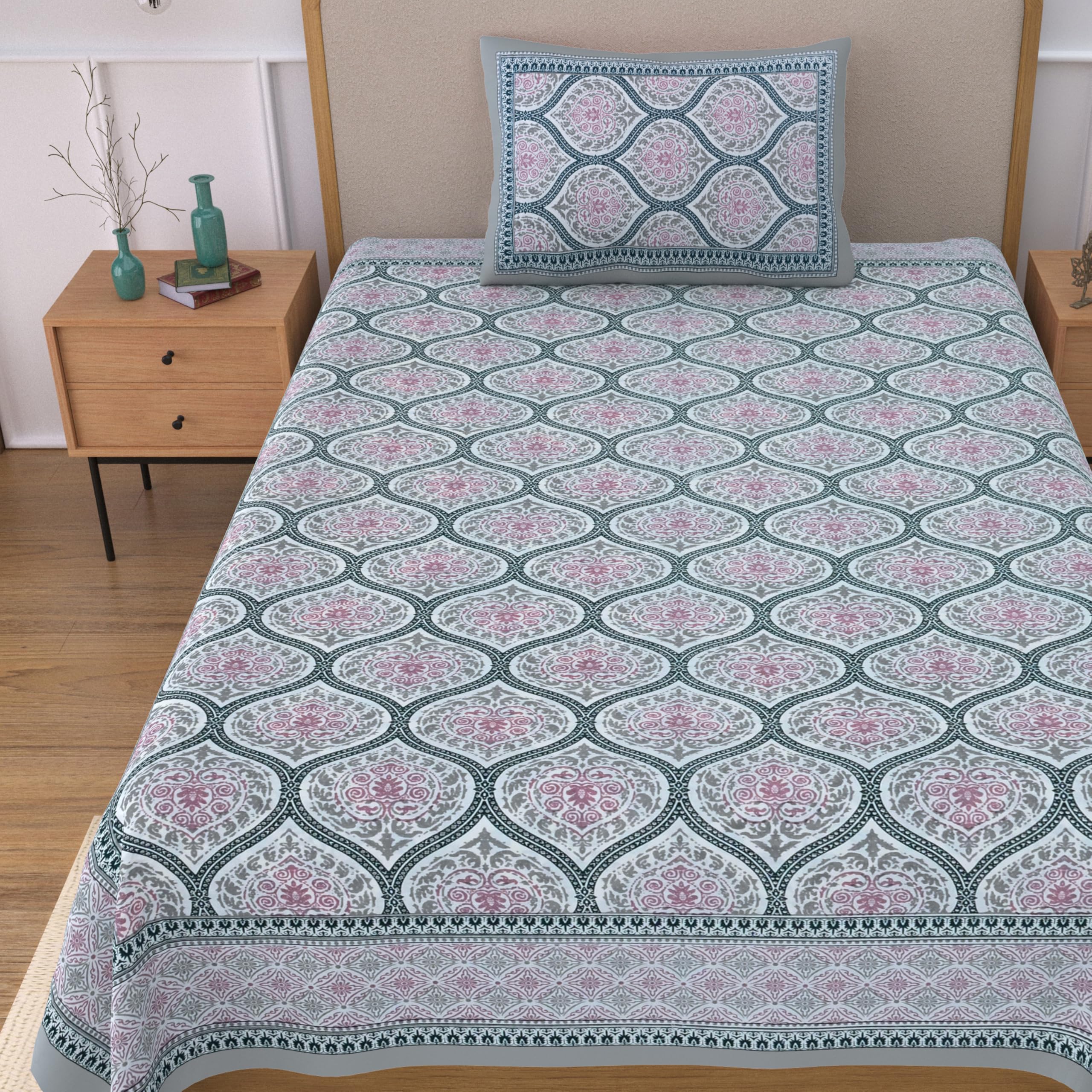 100% Cotton Single Bedsheet with 1 Pillow Cover | 240 TC Pure Cotton Flat Bed Sheet | Traditional Jaipuri Printed Bedding Set | Soft & Breathable | 60 x 90 Inch (Rangmahal_Single_16)-picture-31