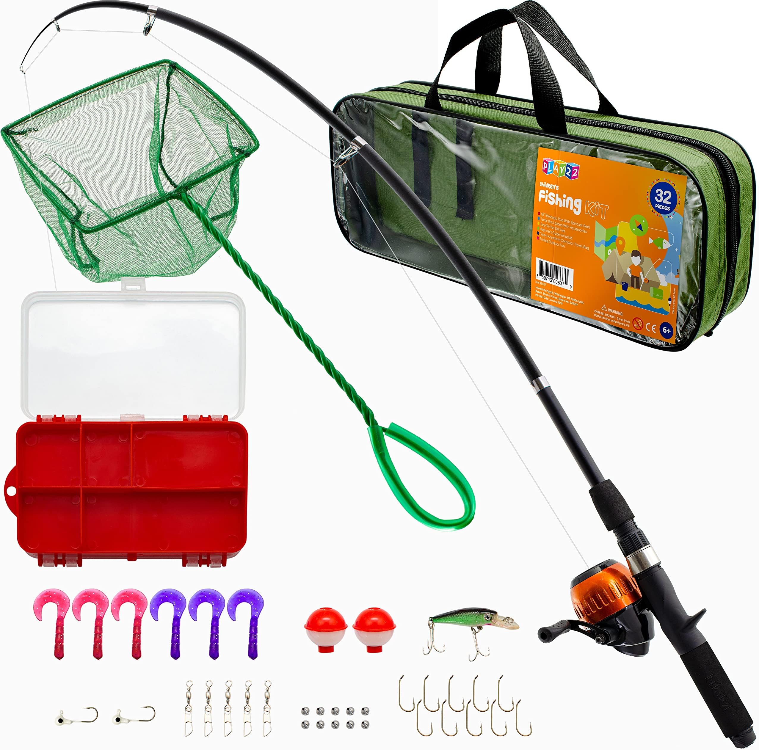 Play22 Fishing Pole For Kids - 32 Set Kids Fishing Rod Combos - Kids Fishing Poles Includes Fishing Tackle, Fishing Gear, Fishing Lures, Net, Carry On Bag, Fully Fishing Equipment - For Boys And Girls
