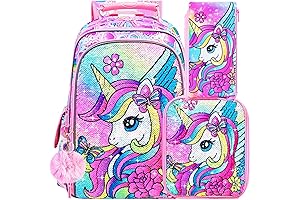 Sequin Unicorn Backpack for Girls - 3PCS Elementary School Bookbags with Lunchbox