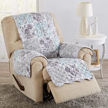 Great Bay Home Reversible Floral Patchwork Recliner Furniture Protector - Machine Washable, Scalloped Edge, Stain Resistant, Printed Furniture Cover for Dogs, Kids, and Pets Gray/Aqua
