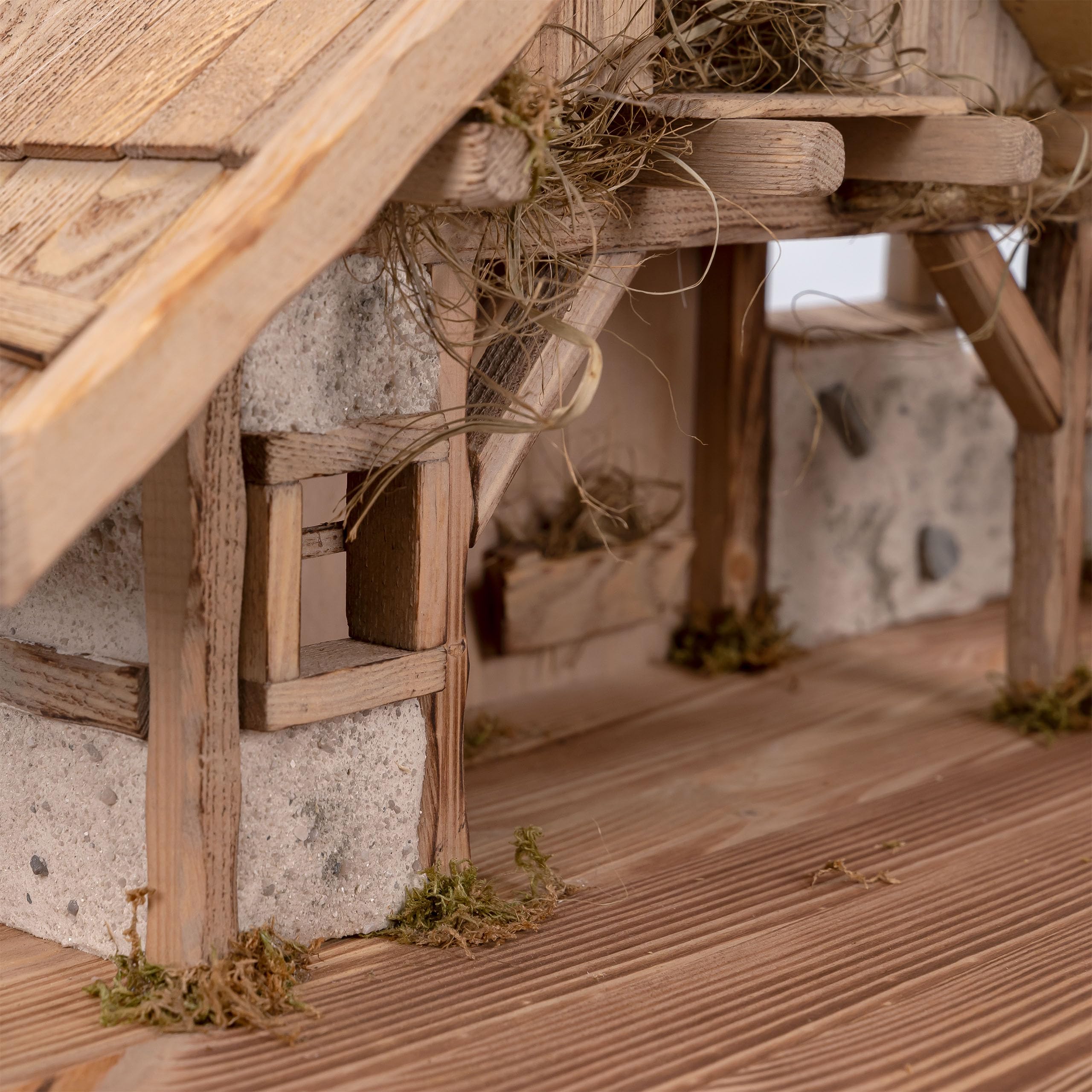 Bonetti Große Weihnachtskrippe | aus Holz und Gips gefertigt | mit Moos, Steinen und Stroh geschmückt | sehr detailreiche Krippe (ca. 70 x 30 x 31 cm (BxTxH))