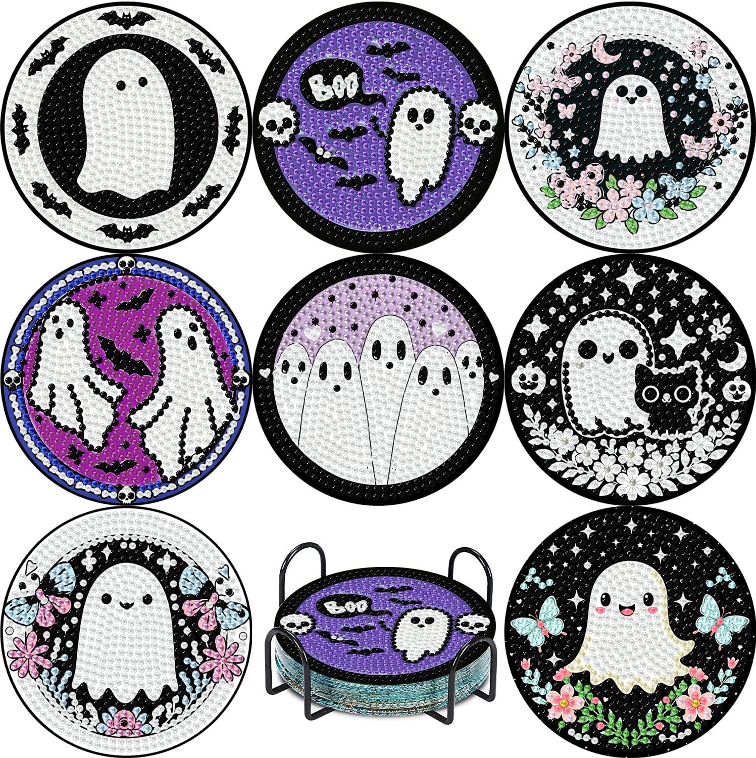 8 Pcs Halloween Diamond Art Coasters Kits, Ghost Diamond Painting Coasters with Holder, DIY Horror Gem Coaster Art Crafts with Cork Pads for Home Decor (Ghost)