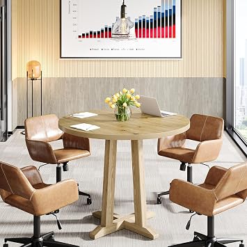 Tribesigns Small Conference Table for 2-4 People, 31.5" Round Office Meeting Table with Unique & Sturdy Pedestal, for Conference Room, Small Spaces, Natural Wood Color
