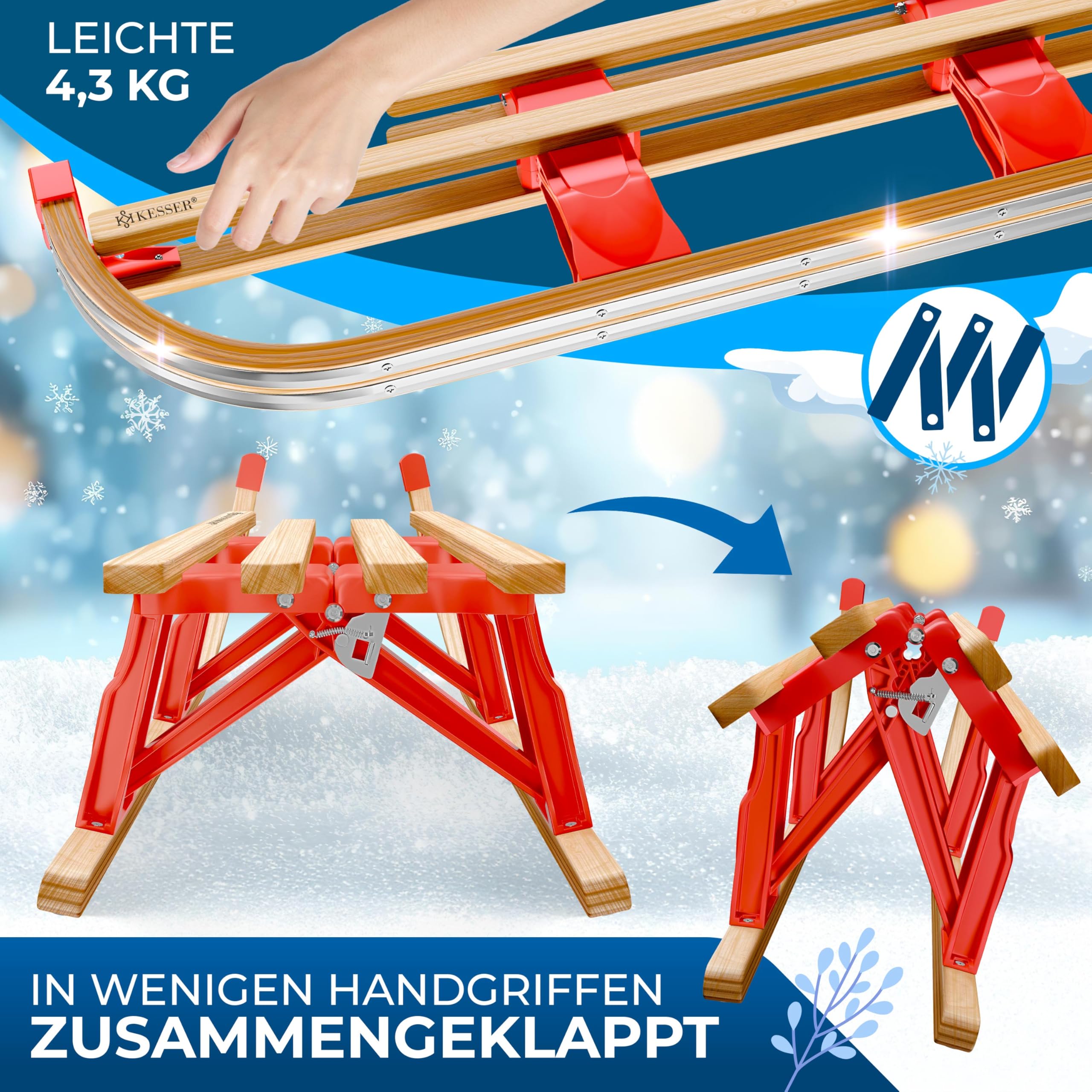 KESSER® Houten slee, premium kinderslee, opvouwbare kinderslee van KESSER® Houten slee, premium kinderslee, opvouwbare kinderslee van