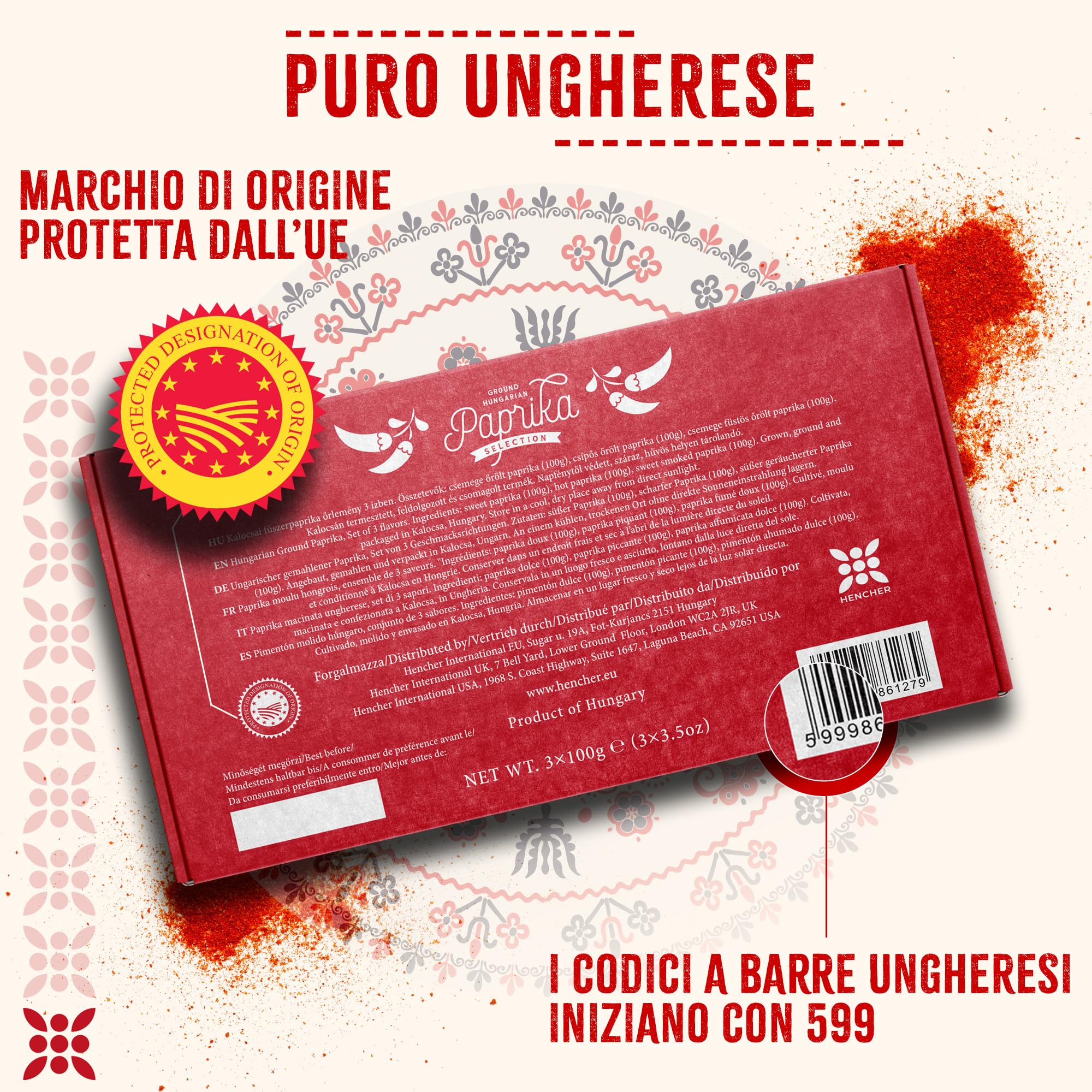 Set regalo di paprika ungherese (3x100 g) importata da Kalocsa, Ungheria, 3 gusti: dolce, piccante e dolce affumicata