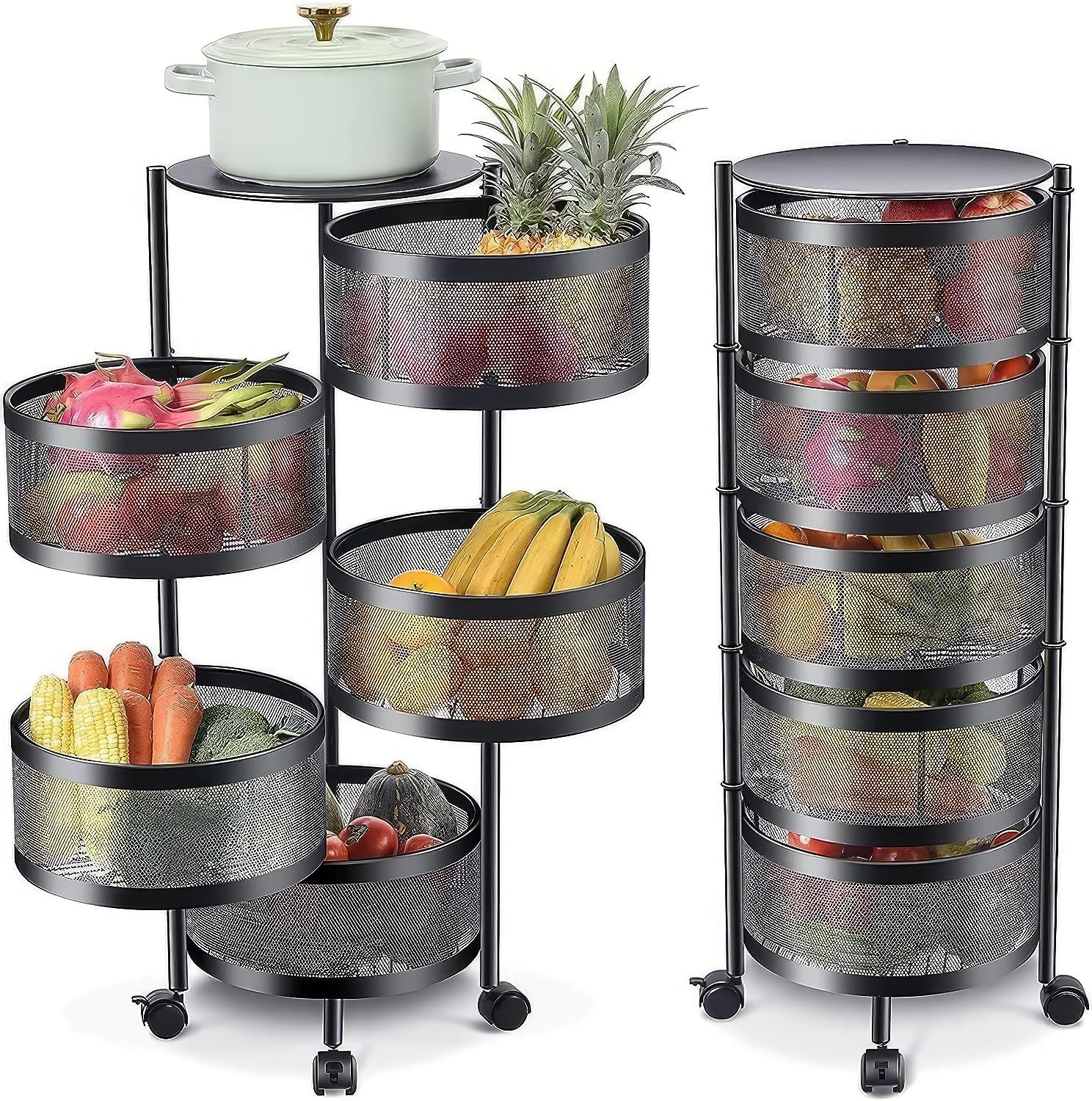 KWER Metal 1Pc 5 Layer Kitchen Rotating Trolley Portable Storage Rack Round Design Fruits&Vegetable Onion,Spice,Jars Container Basket Organizer Holder Stand Kitchen-Black (5 Layer Round Black)…