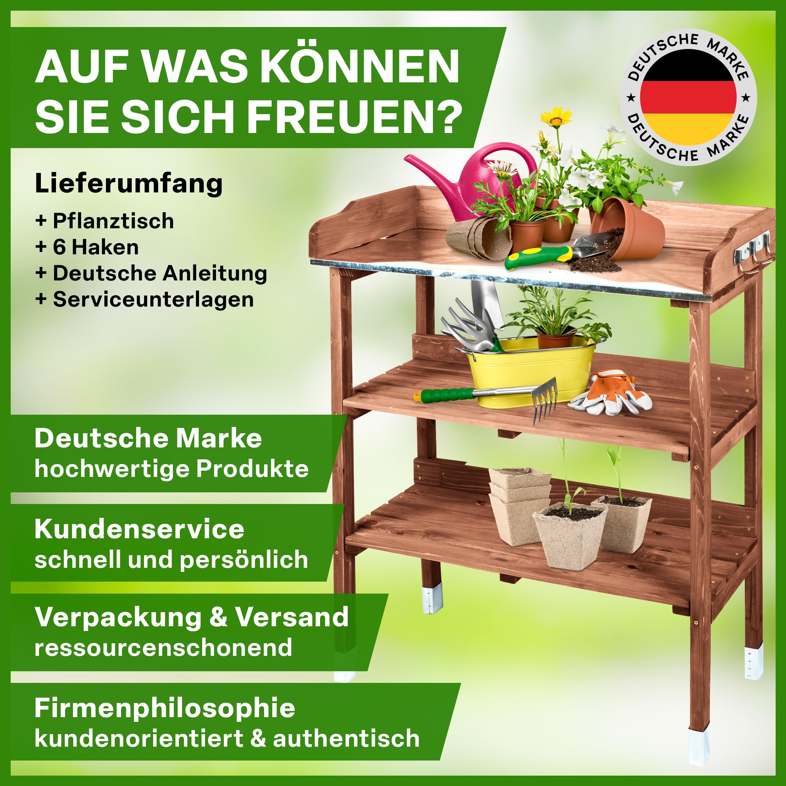TTL Garden Planter Deluxe Table de jardinage 3 tiroirs plan de travail galvanisé extérieur résistante intempéries étagère 6 crochets bois sapin marron