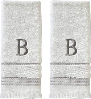 SKL Home Casual Monogram 'B' Hand Towel Set - Soft 100% Cotton Terry, Gray Embroidered Letter, Striped Trim, 2 Pack 16x26 White