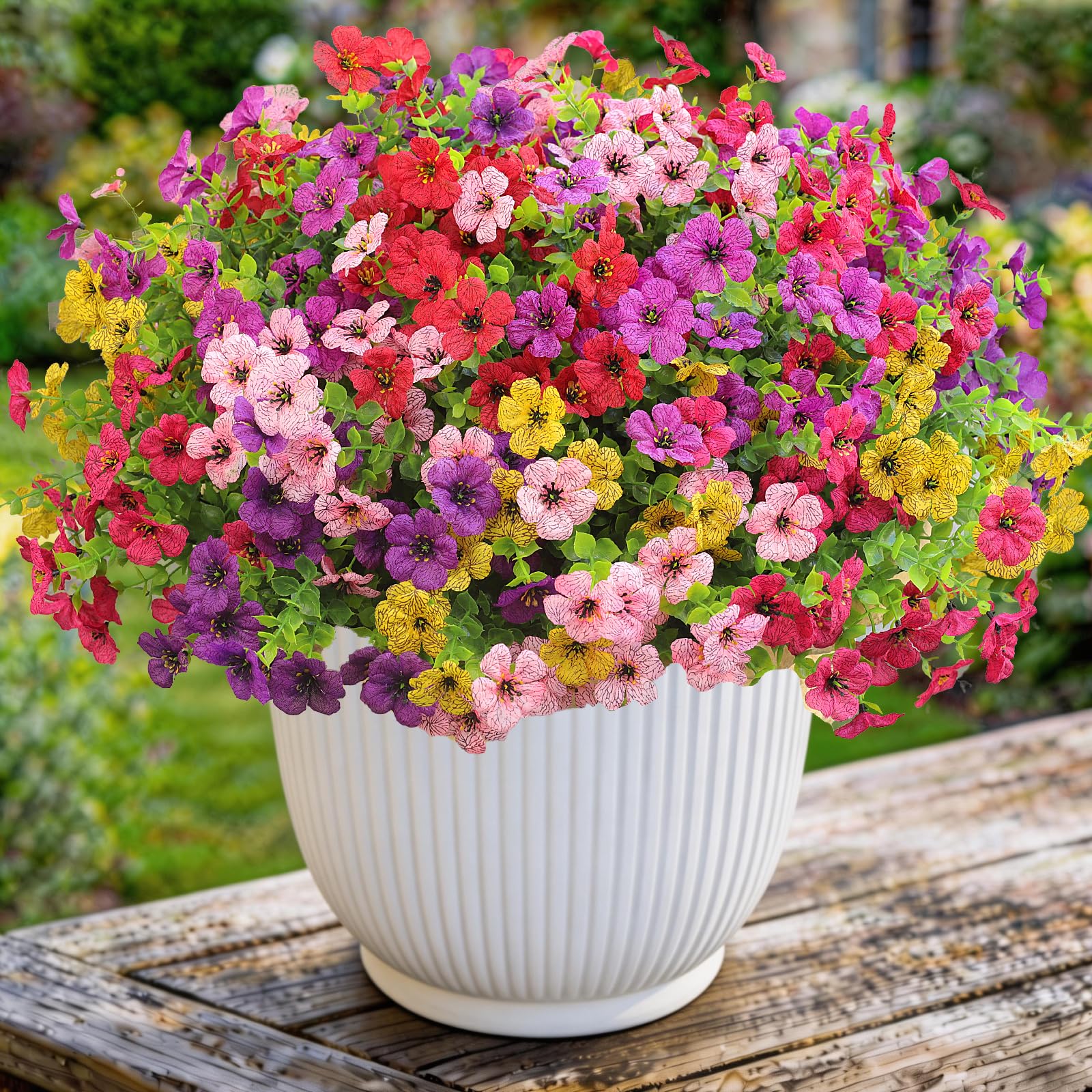Photo 1 of 12 Bundles Artificial Mums Flowers for Outdoors UV Resistant Fake Plants Silk Flowers Faux Violet Eucalyptus for Hanging Basket Indoor Outside Home Garden Planter Porch Patio Yard Decoration