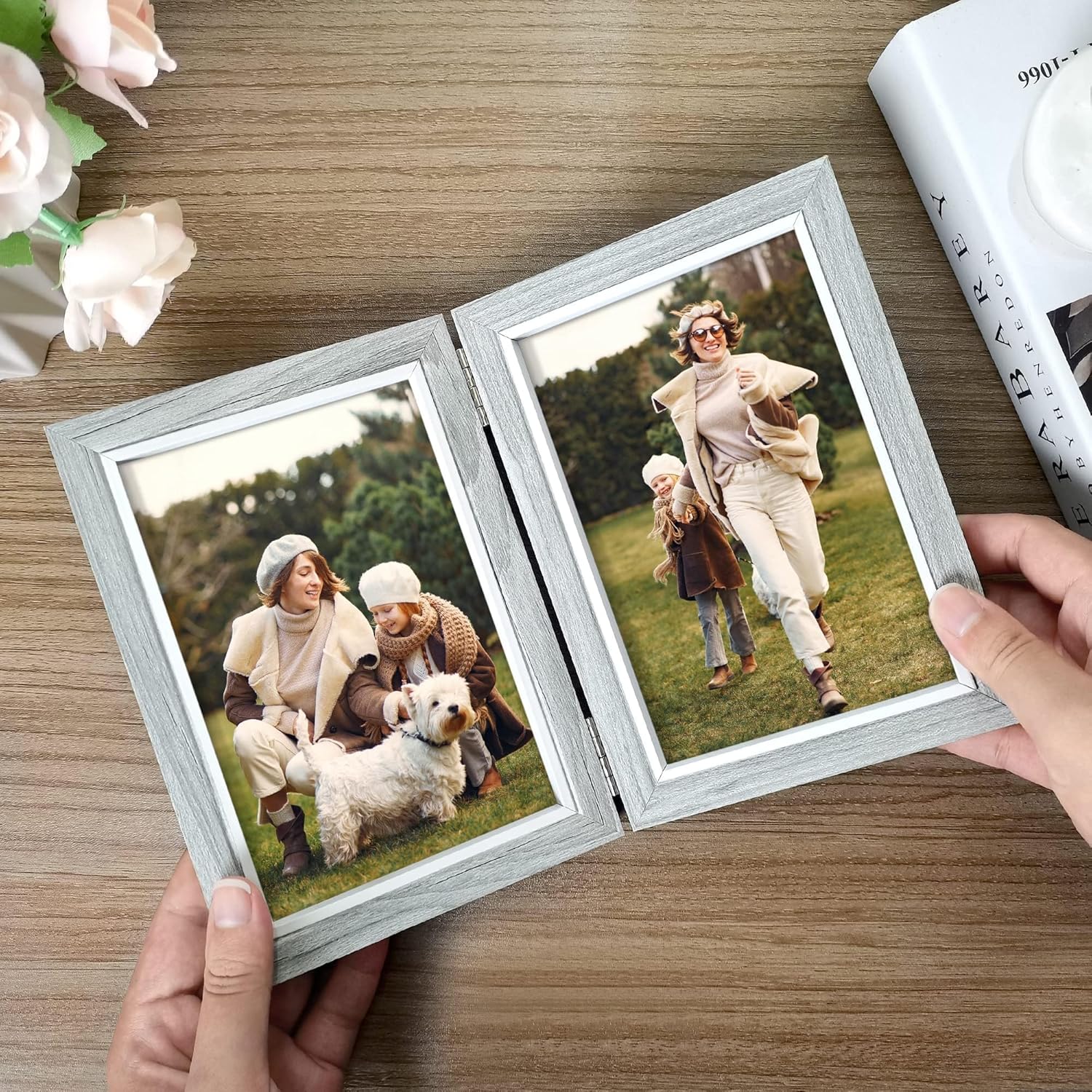 Afuly 5x7 Picture Frame Grey Double Wooden Hinged Photo Frames 2 Openings Tabletop Display Desk Picture Frames Modern Decor Wedding Birthday Christamas Gifts for Women Mom Family Friends