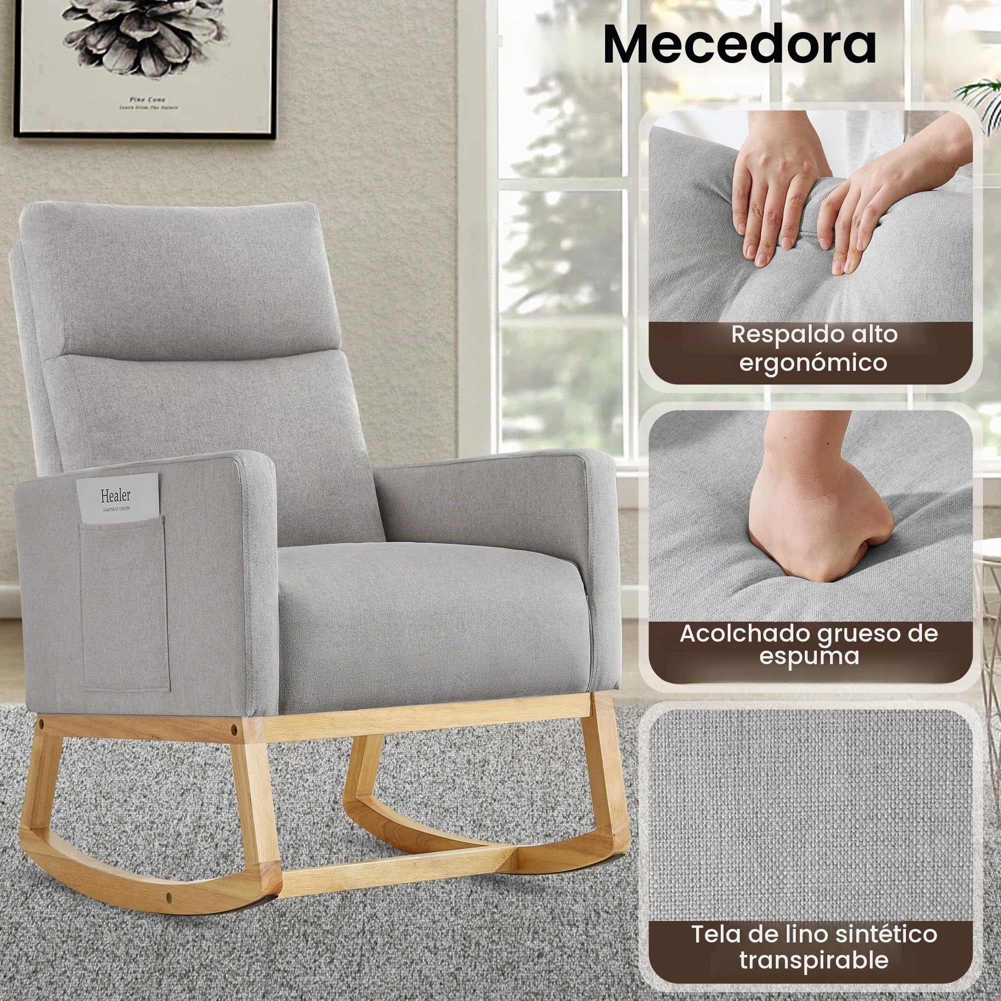 Mecedora para Lactancia, Respaldo Alto, de Lino, para Adultos, con Bolsillos Laterales y Base de Madera para Sala de Estar, Dormitorio, Color Gris Claro