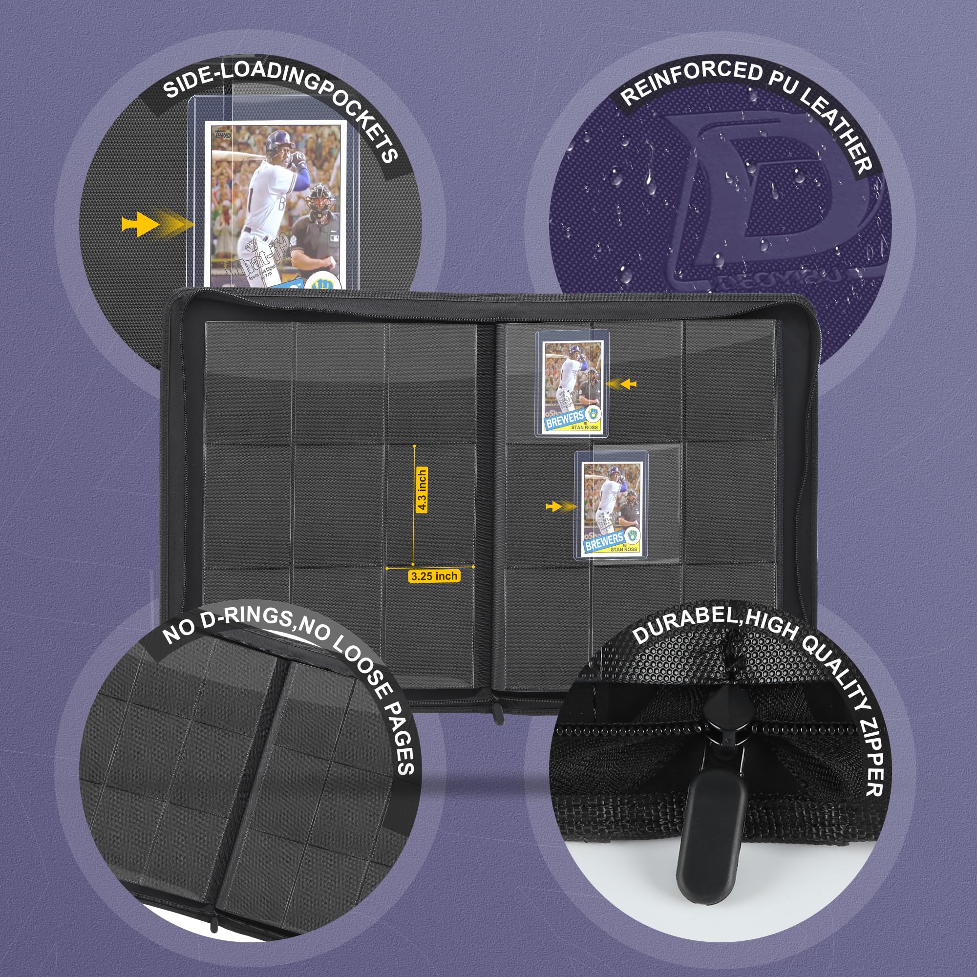 Toploader - Raccoglitore per 288 carte, 9 carte su entrambi i lati, design laterale per caricamento dall'alto rigido da 7,6 x 10,2 cm, album da collezione con pelle PU