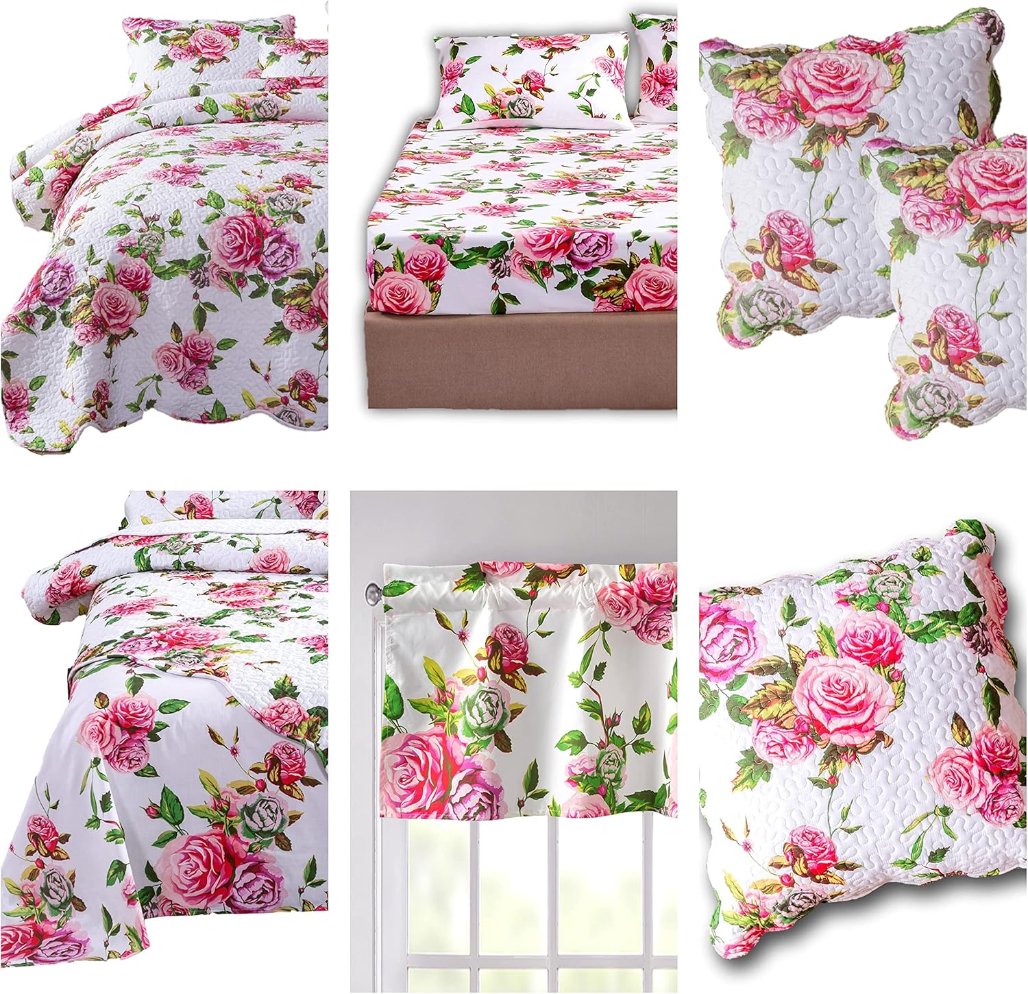 DaDalogy Bedding 14-Pieces Floral Bed in a Bag Set - Romantic Roses Lovely Blooming Pink Bedspread Fitted & Flat Sheets Set w/Throw Euro Sham Pillow Covers & Window Curtain Valance - King Size