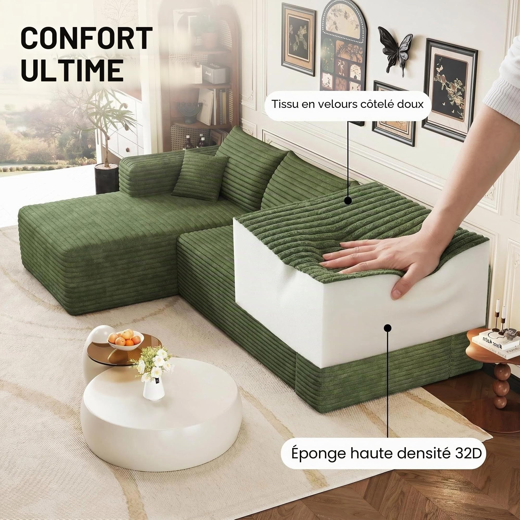 Canapé à d'angle convertible,canapé lit canapé 3 Places,canapé convertible,de Compression modulaire en U,241 cm de long,spacieux et confortable,Peut être combiné librement,Aucun assemblage requis