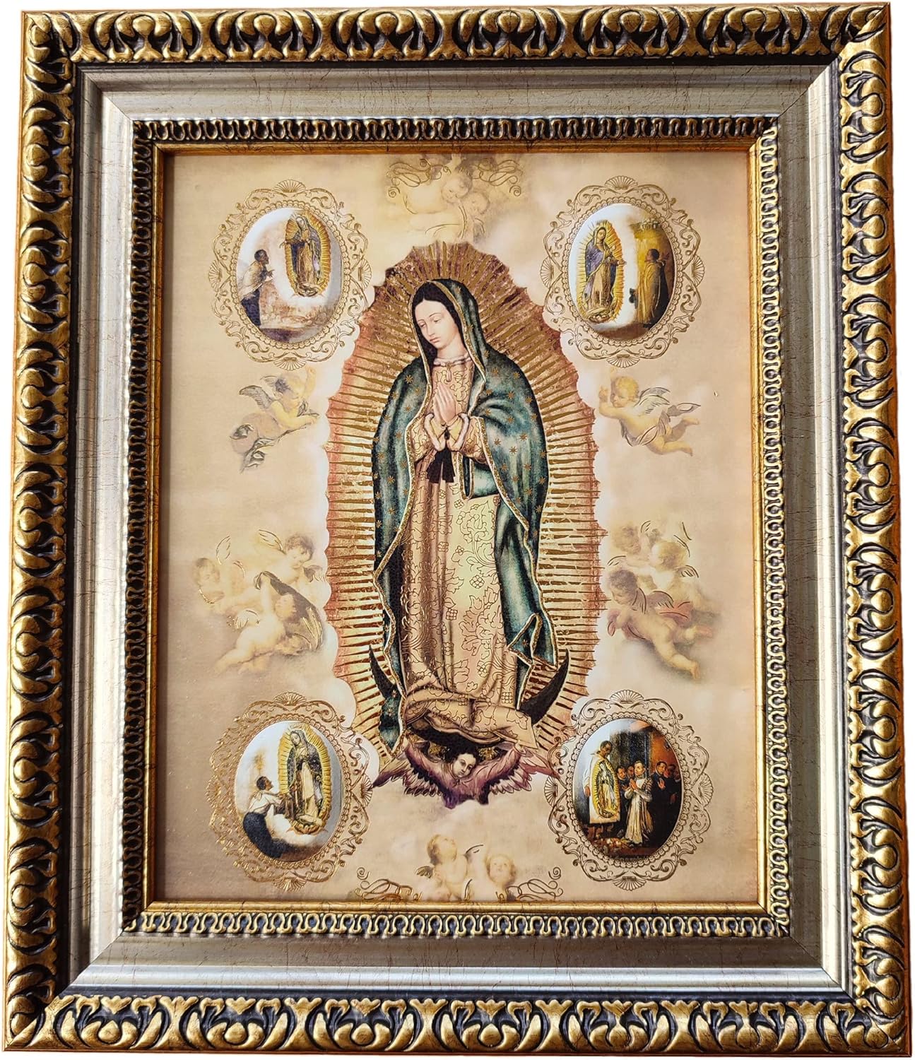 Our Lady of Guadalupe Framed Print with Apparitions to Saint Juan Diego (Cuadro de la Virgen de Guadalupe) 11x13 inch Golden and Silver Plated Finish Catholic Religious Wall Art Decoration