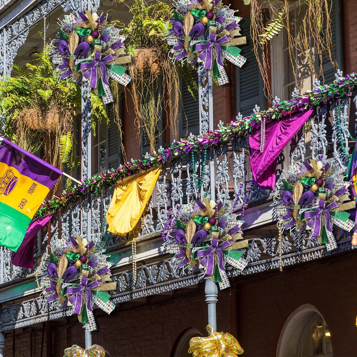 Riceshoot Mardi Gras Door Wreath 15.7 Inch Mardi Gras Ribbon Wreath for Front Door Green Purple Gold Party Decorations for Outdoor Holiday Party Favors
