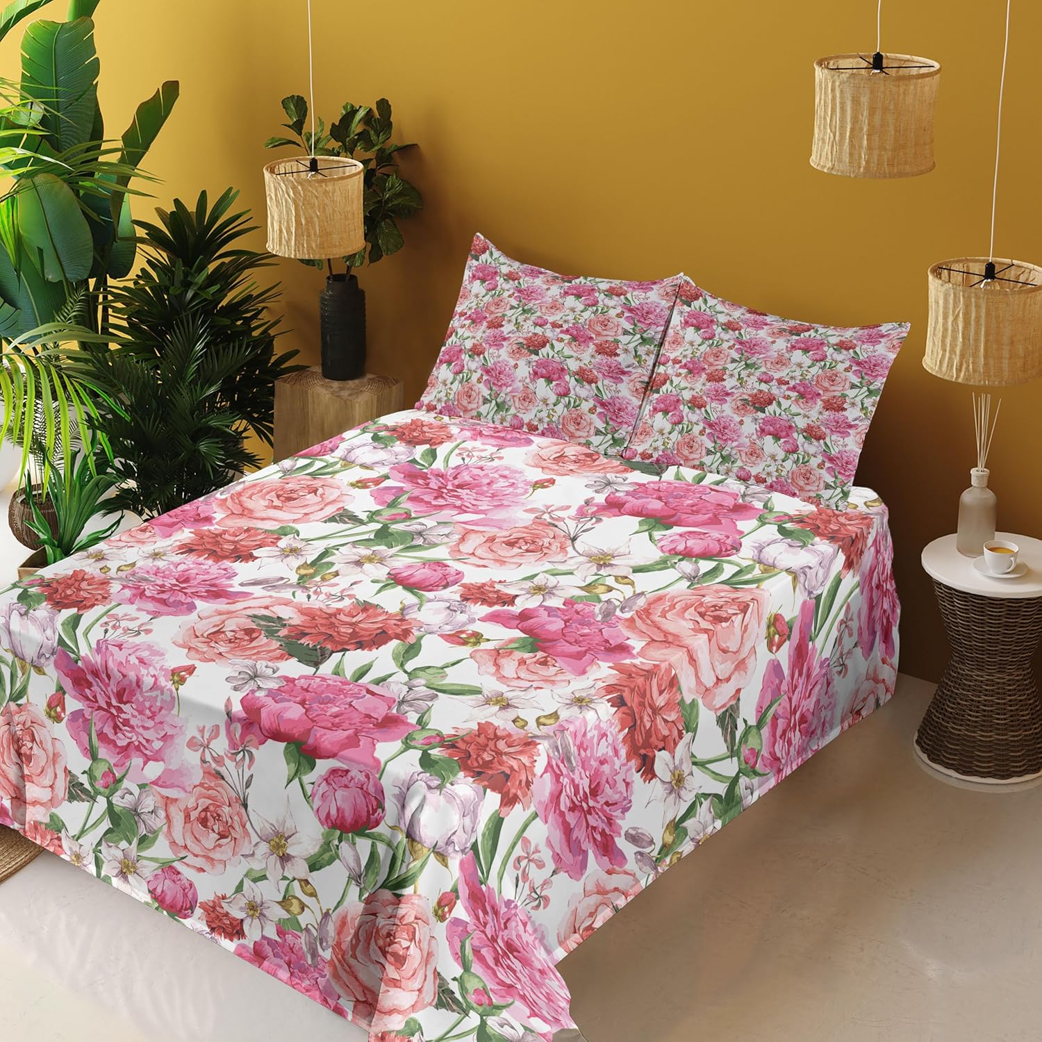 Ambesonne Watercolor Flower Sheet Set, Victorian Floral Pattern Painting Style Print with Peonies Roses, Fitted and Flat Sheet with Pillowcases Bedding Accent 4 Piece Set, Full, Pink White