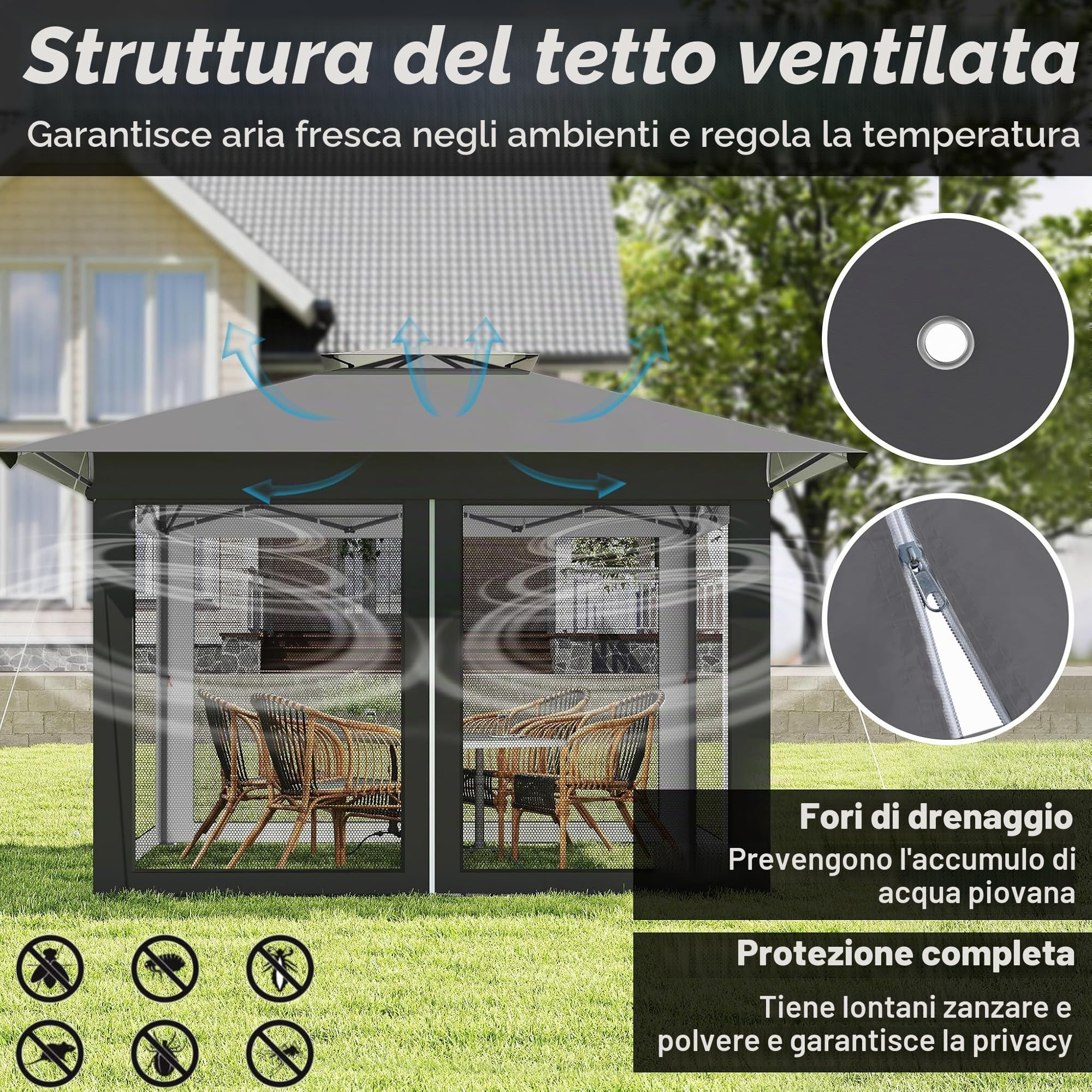 FIVMEN Gazebo pop-up 4 x 4, stabile, resistente all'inverno, pieghevole, regolabile in altezza, con doppio tetto e 4 zanzariere laterali, gazebo da giardino con borsa per il trasporto, antracite