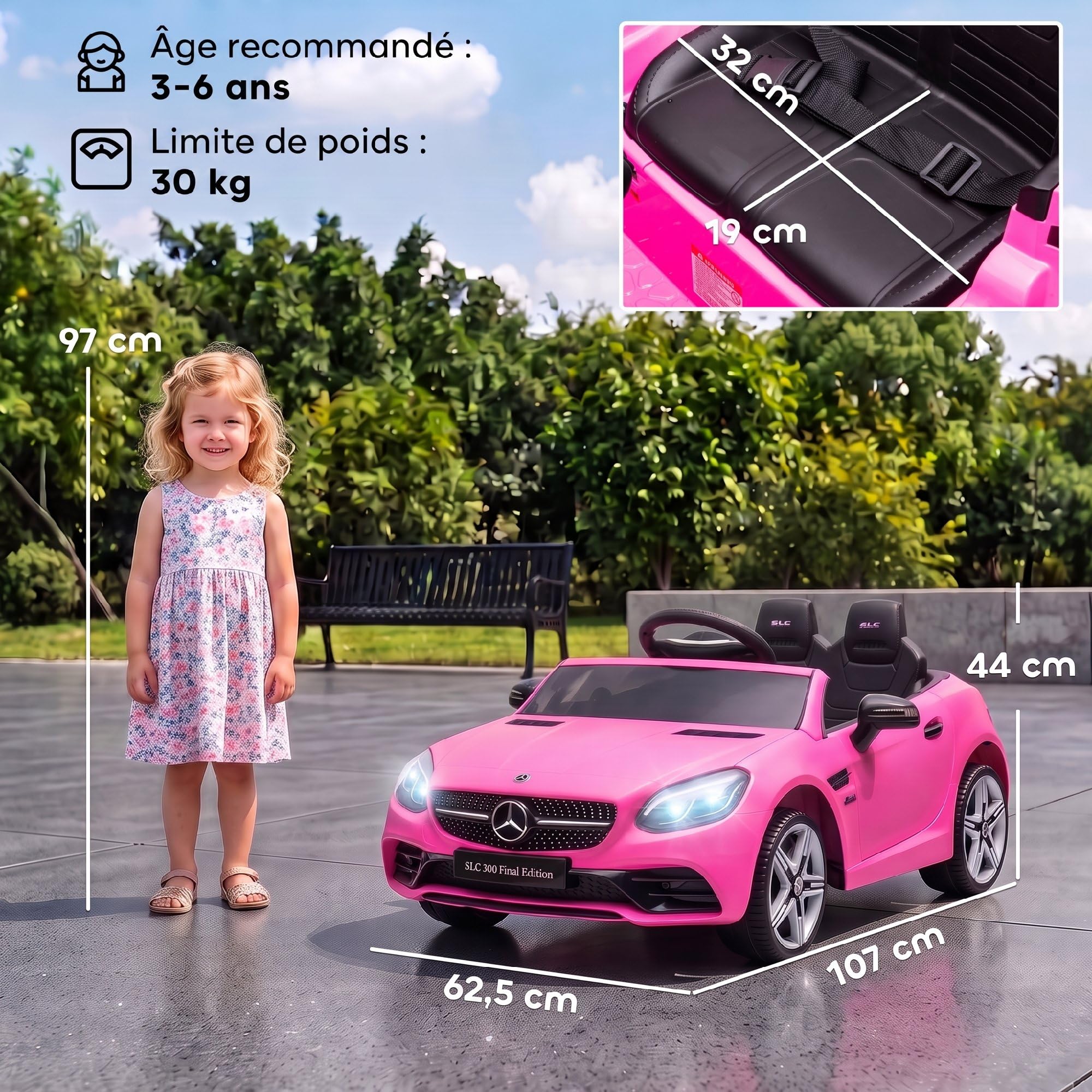 AIYAPLAY Voiture Électrique pour Enfants Licence Mercedes SLC 300 12V Rose | 5 Km/h, Effets Sonores + Lumineux, Télécommande Parentale 2,4G, Véhicule Électrique Enfant 3 à 6 Ans