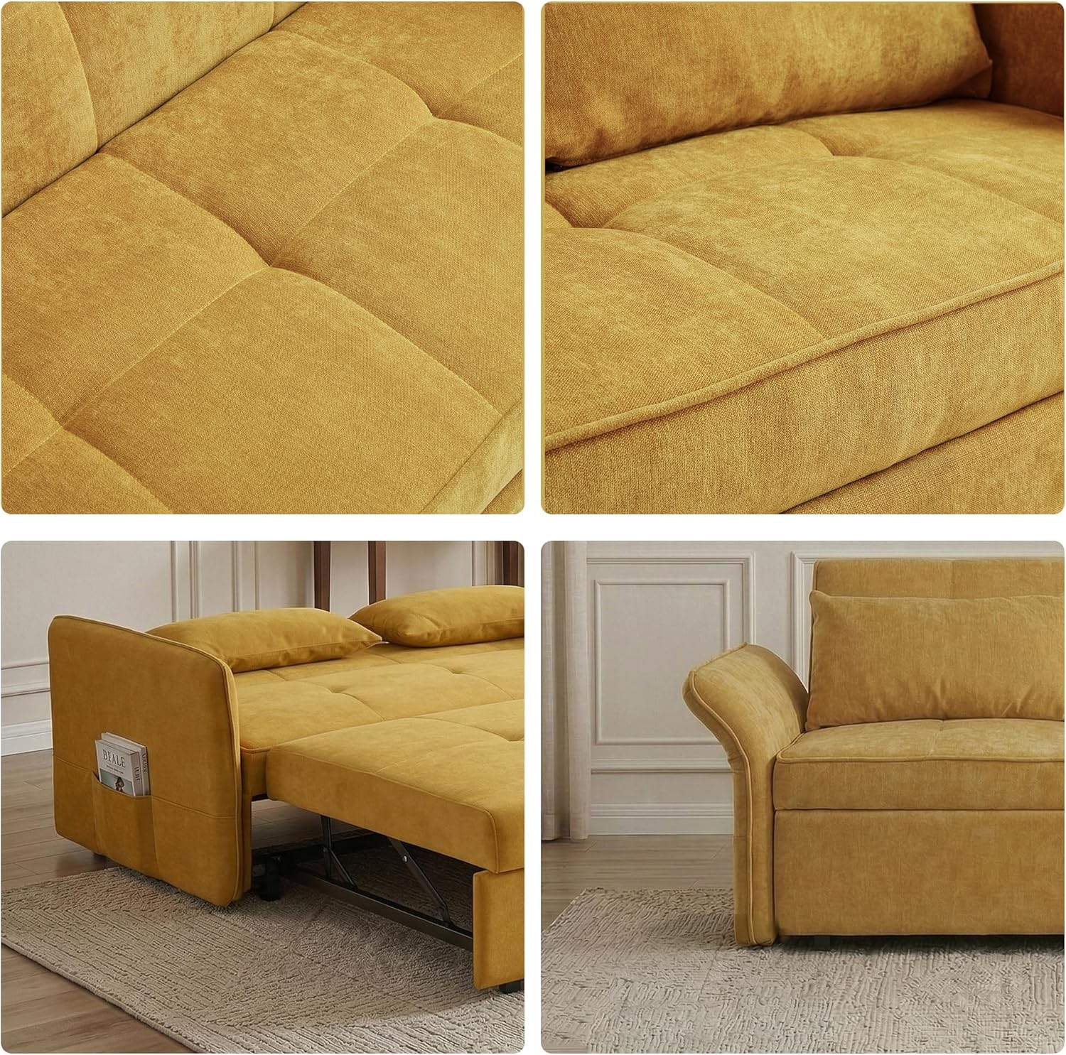 Pull Out Sofa Bed - Sleeper Couch with Adjustable Backrest and Armrests, Tufted Loveseat with Side Pocket, High Density Foam for Living Room, Apartment, Small Space(Yellow)