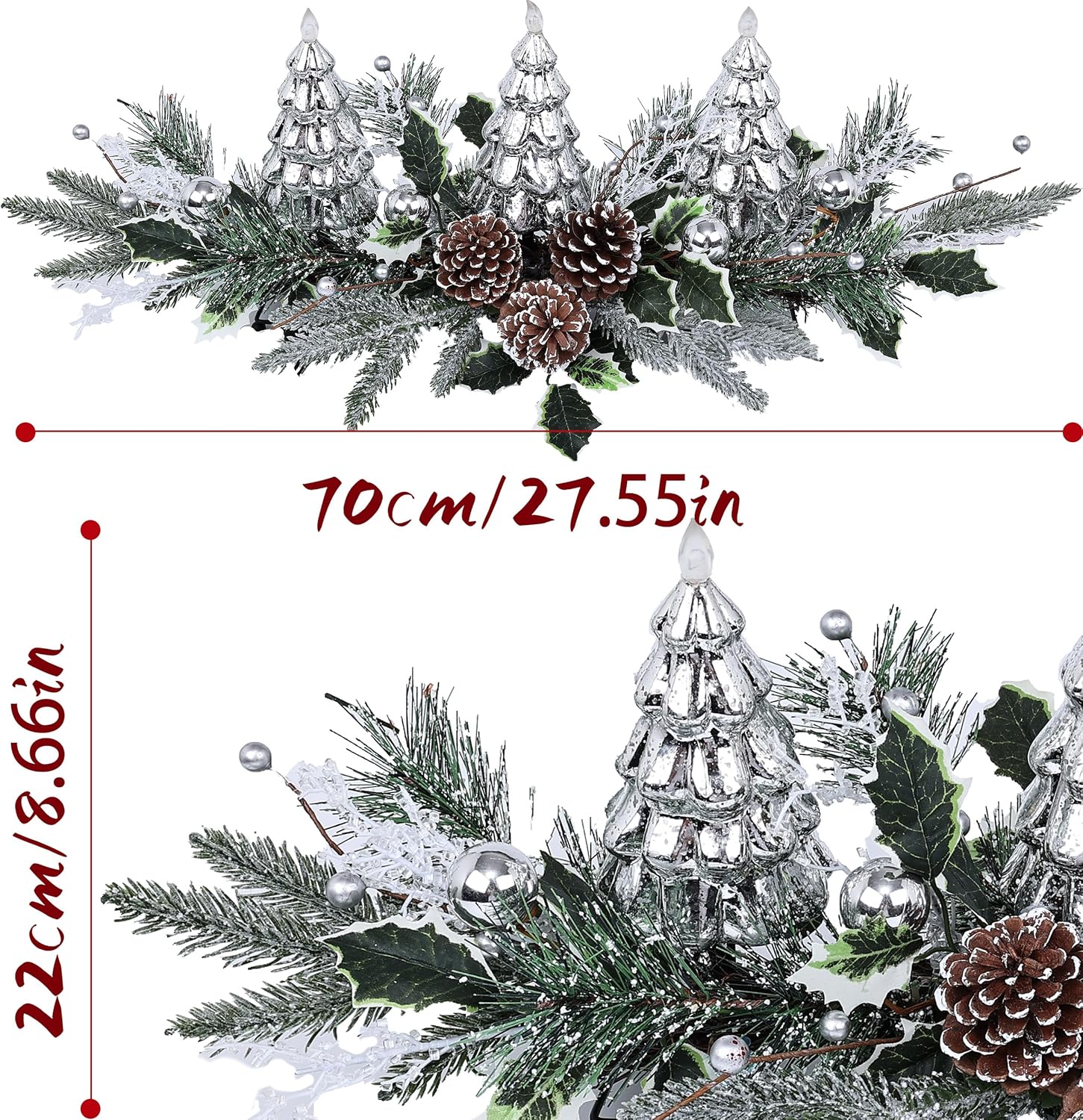 Christmas Table Centerpiece with LED Lights, Christmas Decoration with 3PCS Silver Christmas Tree, Natural Pine Cones, Christmas Balls for Holiday Party, Home, Fireplace