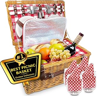 Nature Gear Picnic Basket, Wicker Basket with Handle for Outdoors, Insulated Woven Basket, Includes a Service Kit of Dinnerware & Wine Glasses, Picnic Basket Set for 4, Red & White