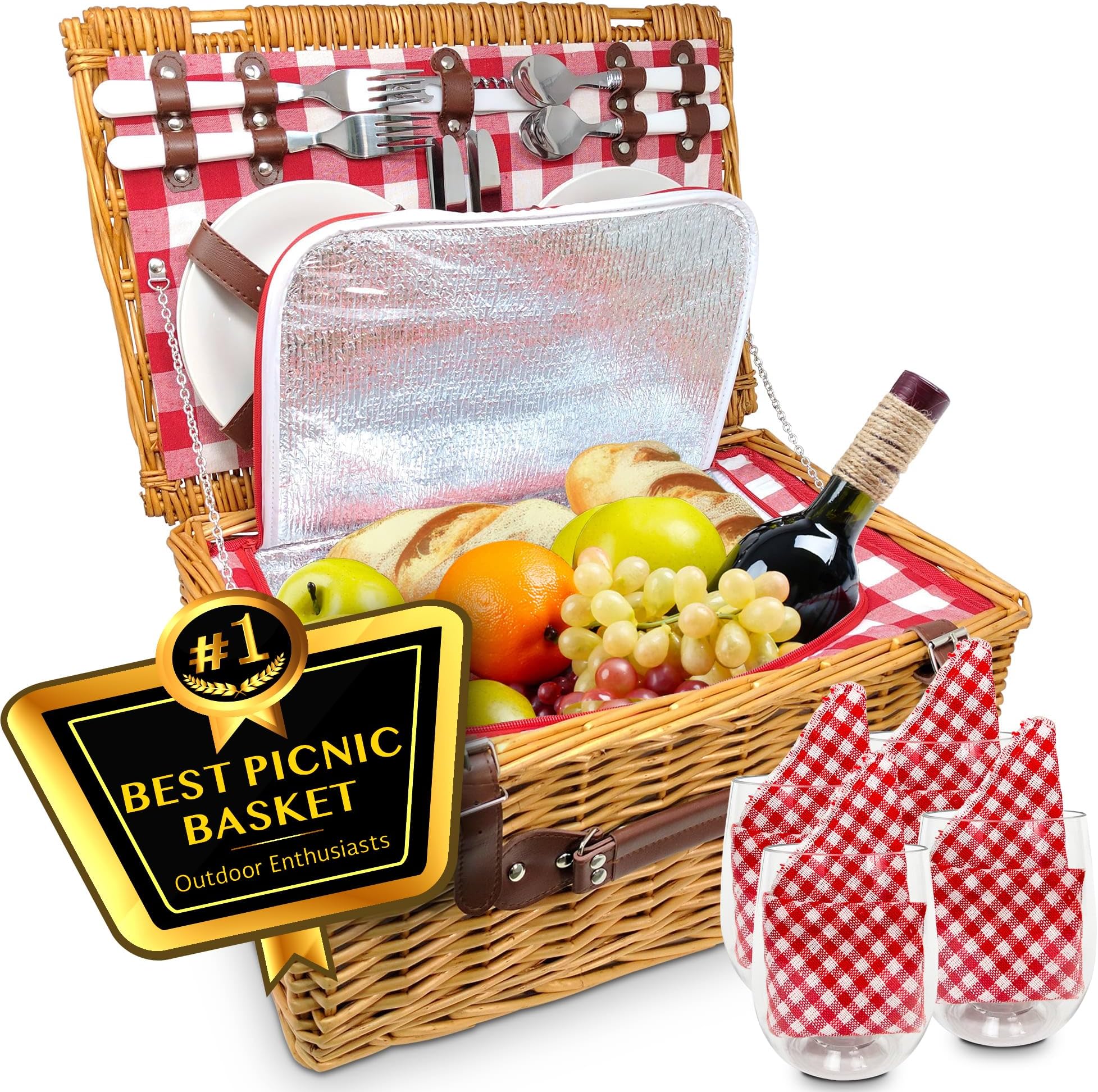 Nature Gear Picnic Basket, Wicker Basket with Handle for Outdoors, Insulated Woven Basket, Includes a Service Kit of Dinnerware & Wine Glasses, Picnic Basket Set for 4, Red & White