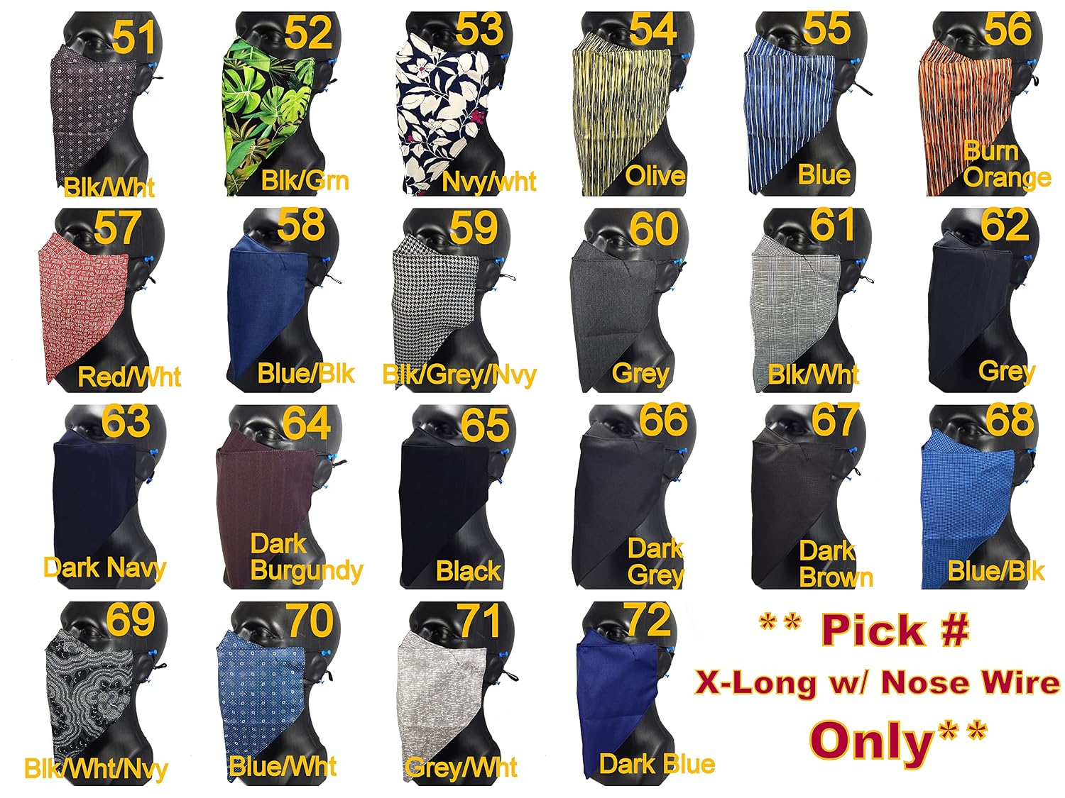 Gemstorm Medium - Extra Large Length Fit all Men with or without Beard Washable Reusable bandanna style Face Mask + adjustable ears *Nose Wire Option (X-Long w/Nose Wire, Dark Blue#72)