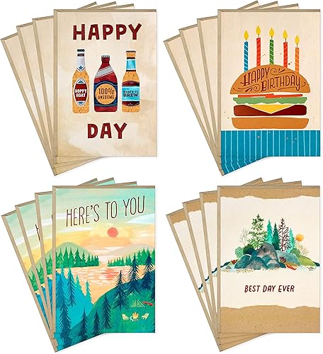 Hallmark Tarjetas de cumpleaños surtidas para hombres, 16 tarjetas con sobres (hamburguesas, cervezas, campamento) para marido, hermano, novio,