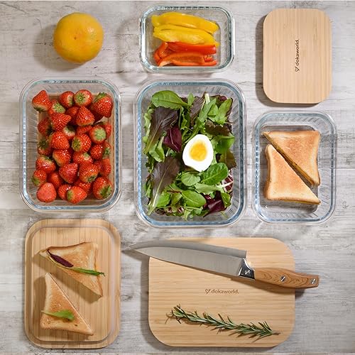 Miniatura 8 de Juego de tupperware de vidrio acanalado con tapas de bambú, 4 recipientes apilables para preparación de comidas. Vidrio de borosilicato inerte